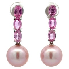 Ombree Pink Sapphire Freshwater Pearl Drop Earrings 3.50 Carats 18KT White Gold