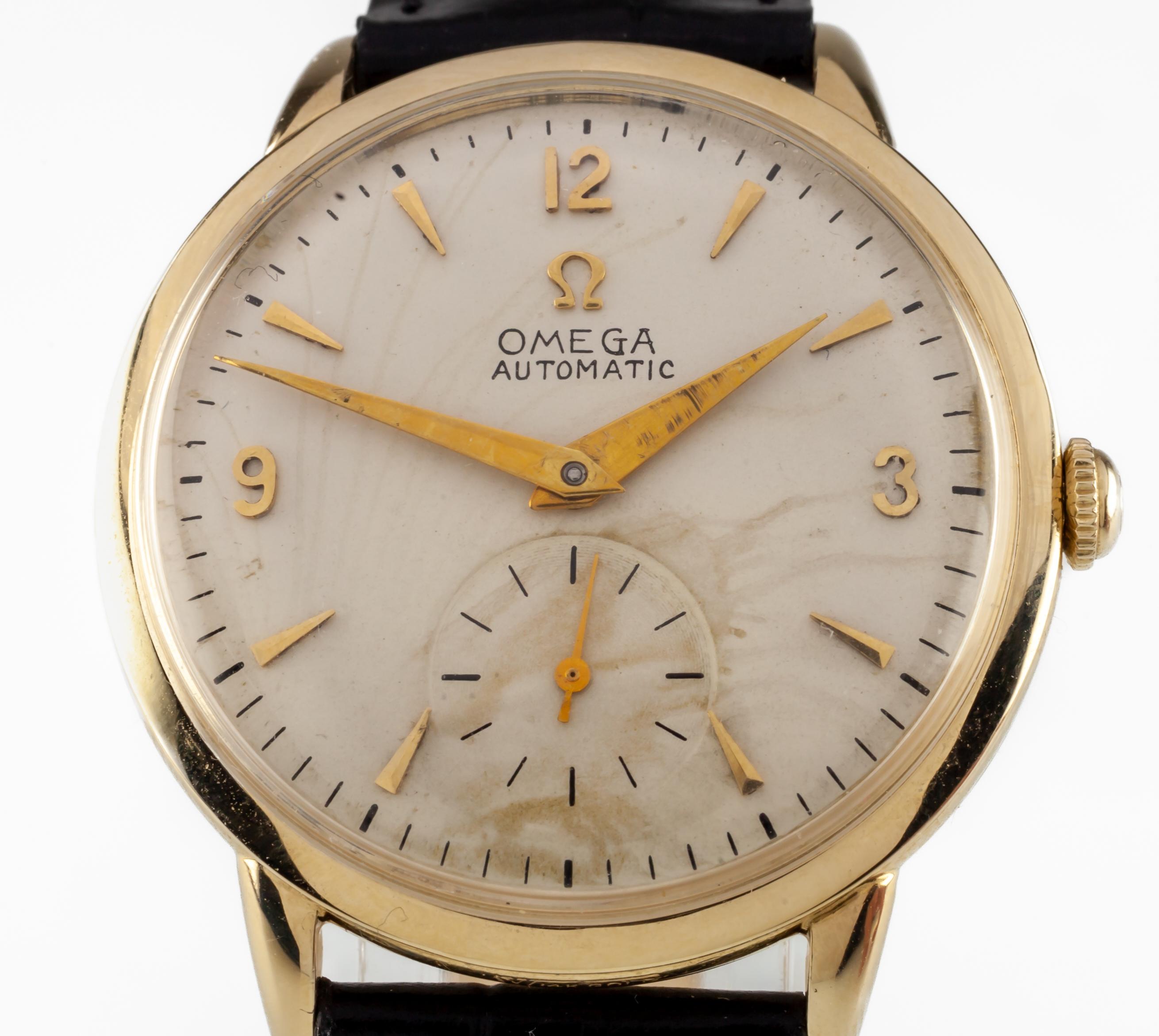 Omega 14k Yellow Gold Automatic Men's Vintage Watch 342 w/ Leather Band
Movement #342
Movement Serial #128109XX
Case #F65116-W219538
Year: 1950

14k Yellow Gold Round Case
32 mm in Diameter (33 mm w/ Crown)
Lug-to-Lug Distance = 38 mm
Lug-to-Lug