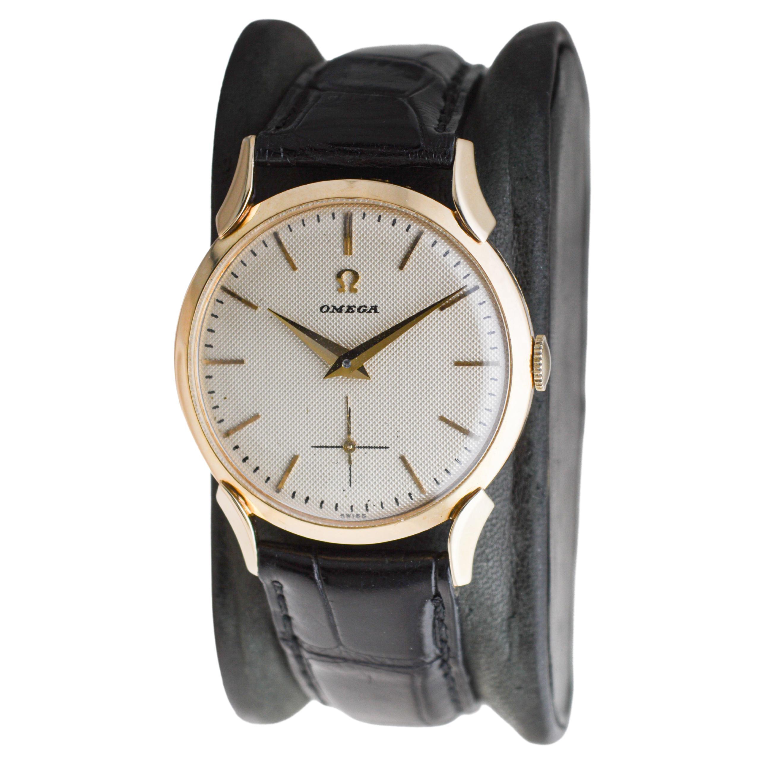 Women's or Men's Omega 14Kt Solid Gold Watch Mid Century Watch with Original Waffle Dial For Sale