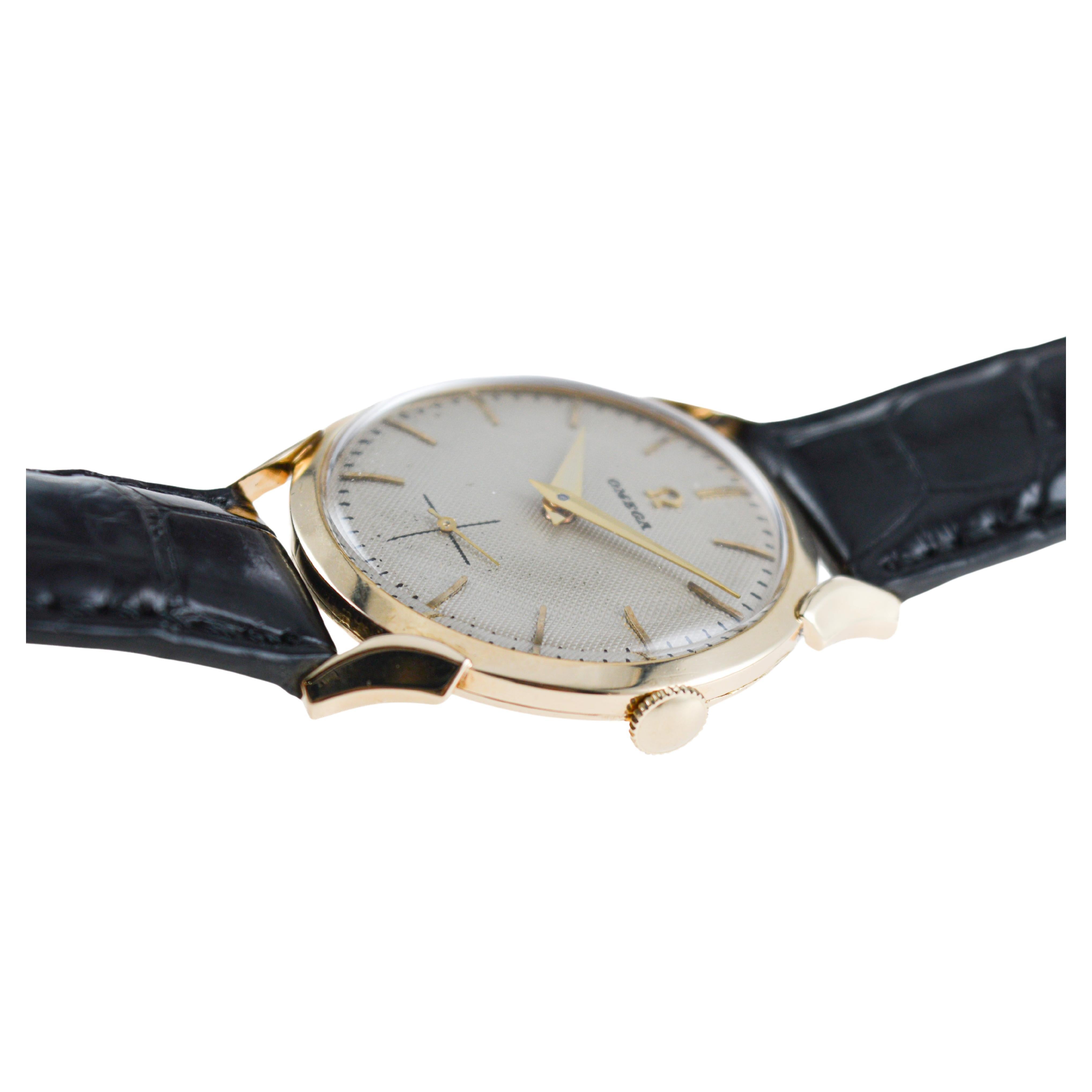 Omega 14Kt Solid Gold Watch Mid Century Watch with Original Waffle Dial For Sale 5