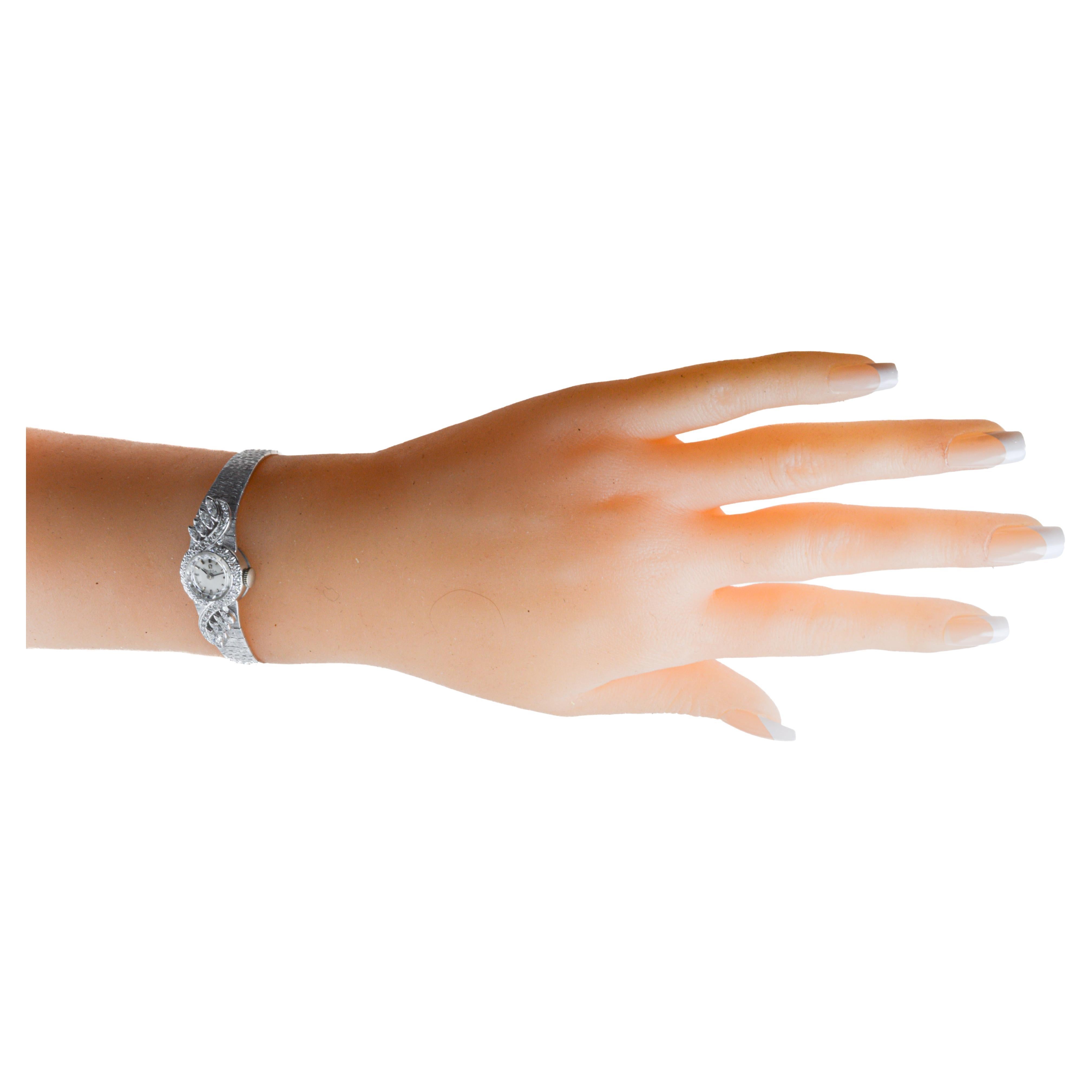 Omega 14Kt Solid White Gold Ladies 1950's Dress Watch with 1 Carat of Diamonds For Sale 10