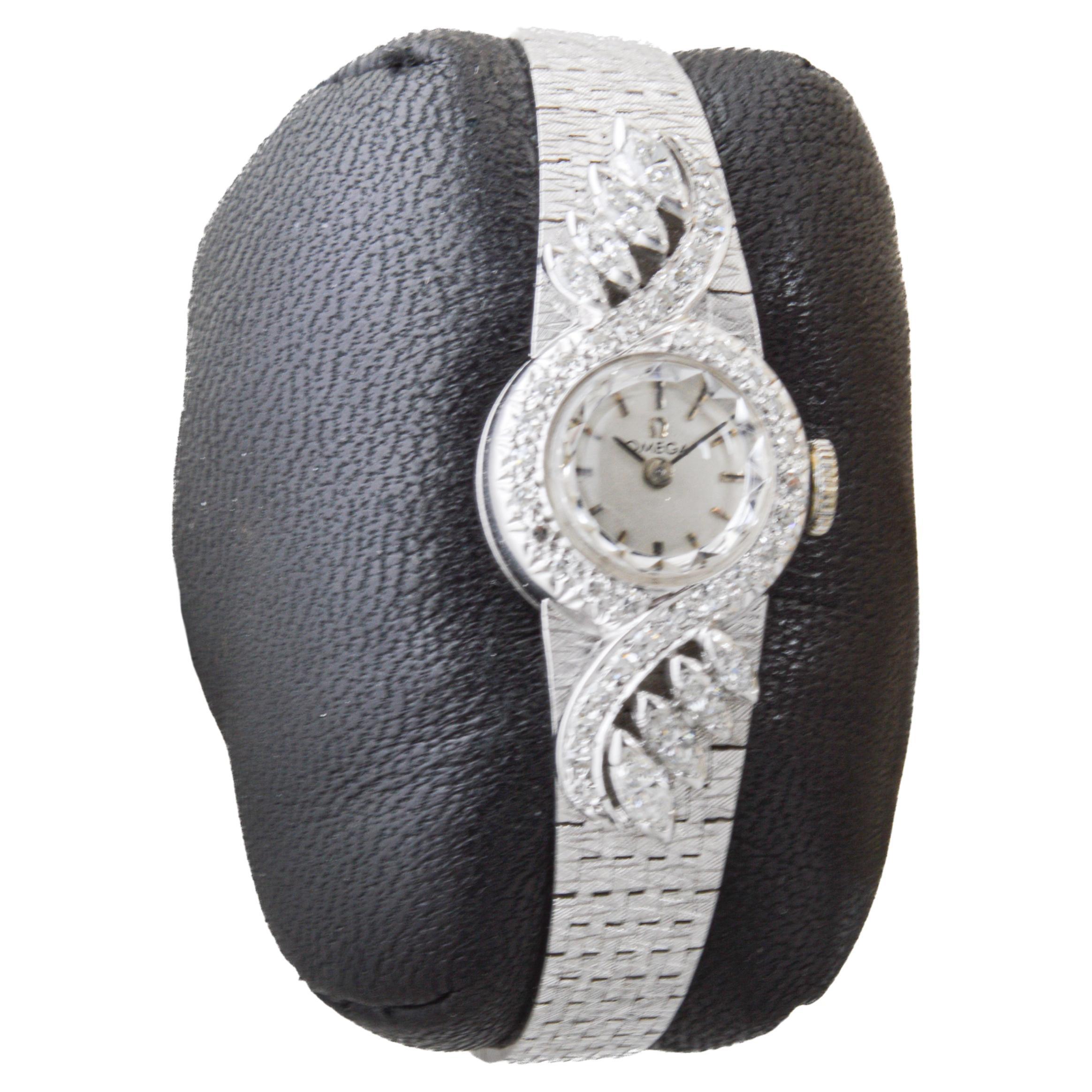 Art Deco Omega 14Kt Solid White Gold Ladies 1950's Dress Watch with 1 Carat of Diamonds For Sale