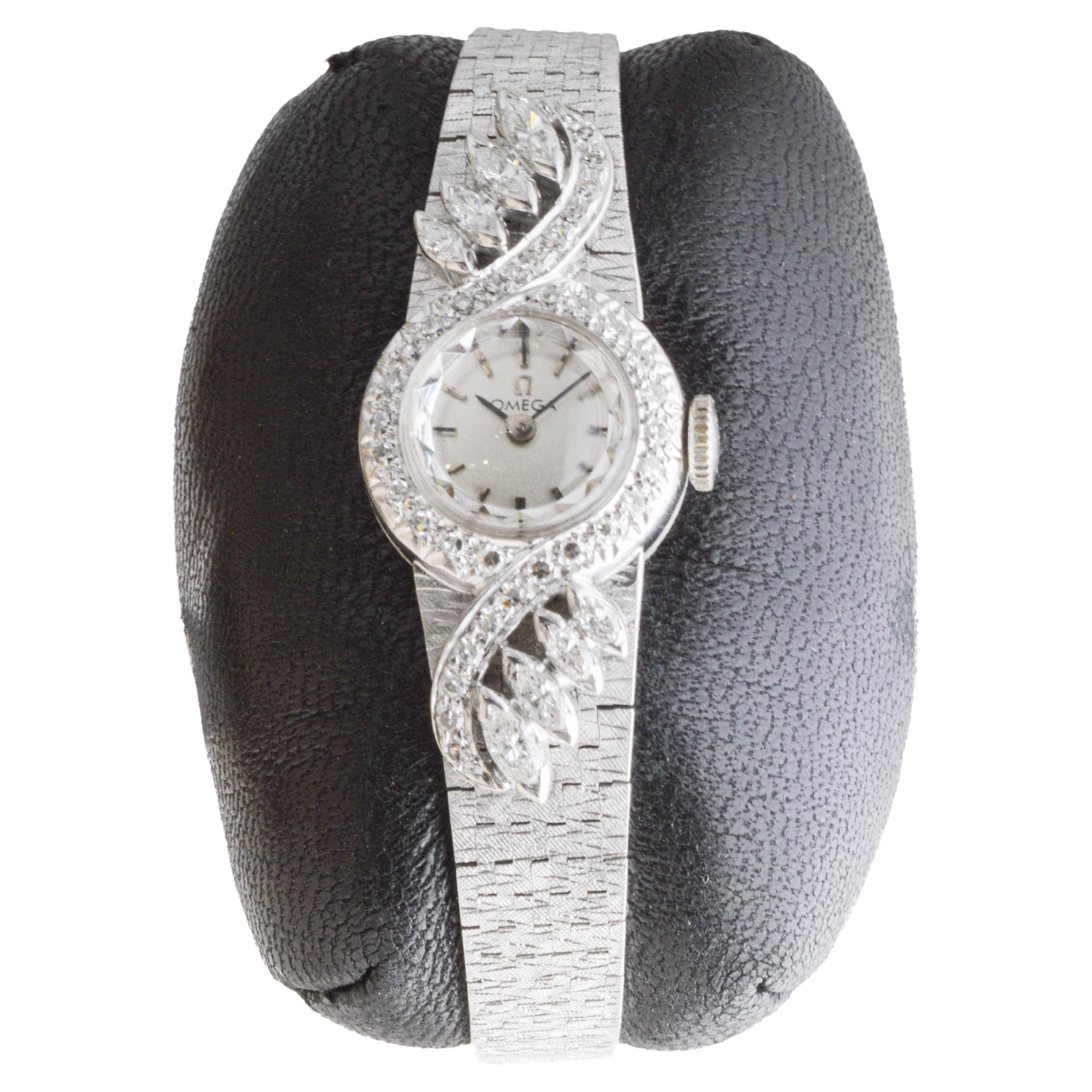 Women's Omega 14Kt Solid White Gold Ladies 1950's Dress Watch with 1 Carat of Diamonds For Sale