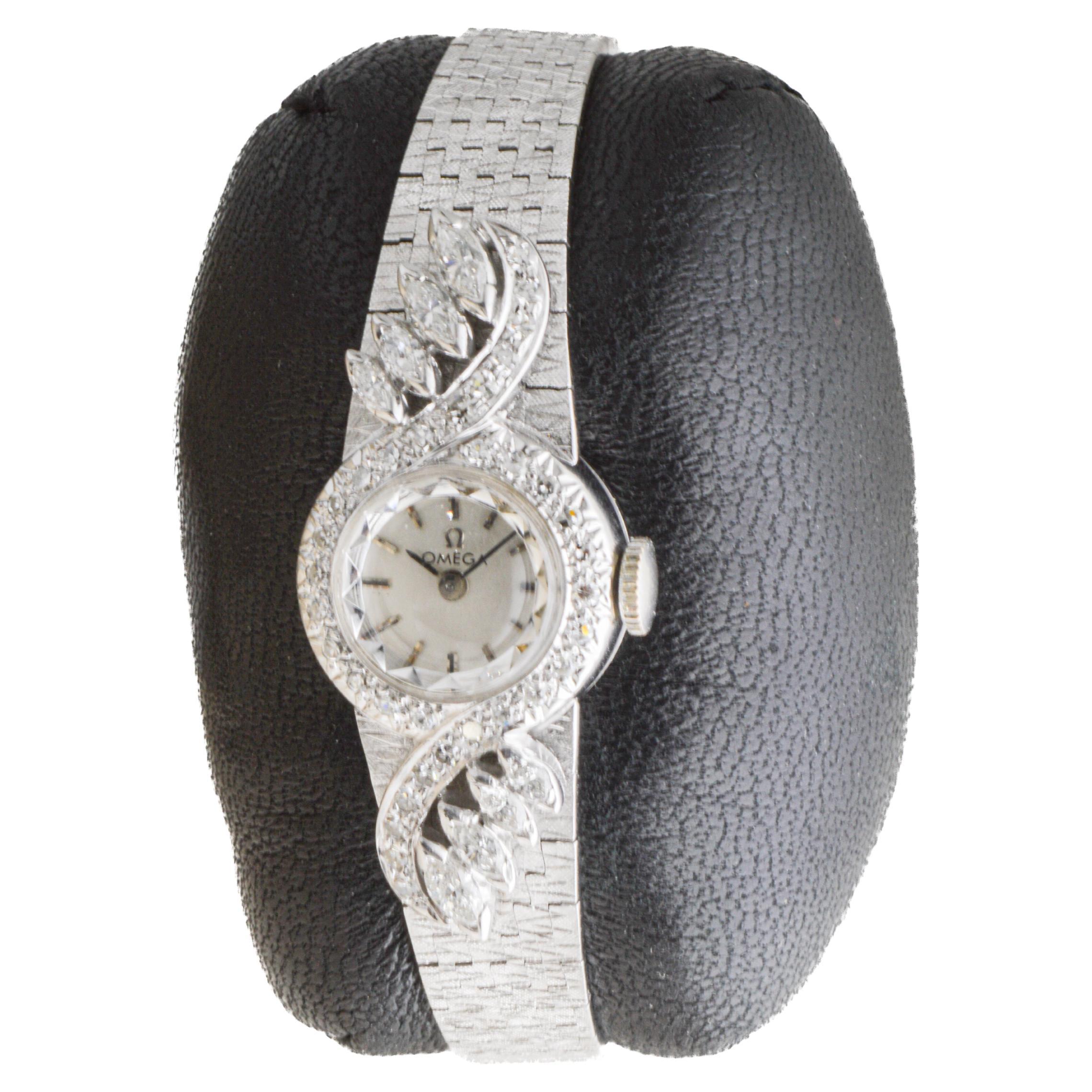 Omega 14Kt Solid White Gold Ladies 1950's Dress Watch with 1 Carat of Diamonds For Sale 1