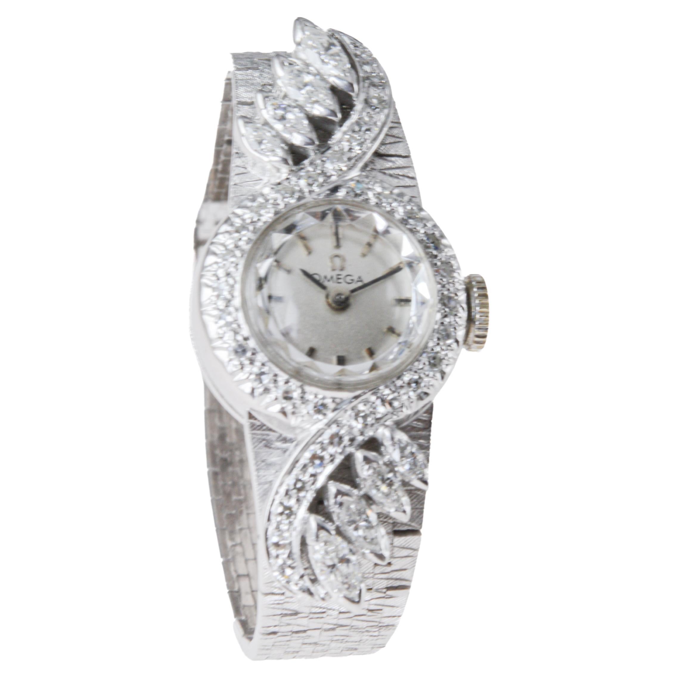 Omega 14Kt Solid White Gold Ladies 1950's Dress Watch with 1 Carat of Diamonds For Sale 2