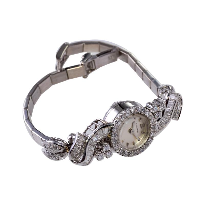 Omega 18 Karat Gold Art Deco Style Back Wind Diamond Watch, circa 1940s-1950s For Sale 1