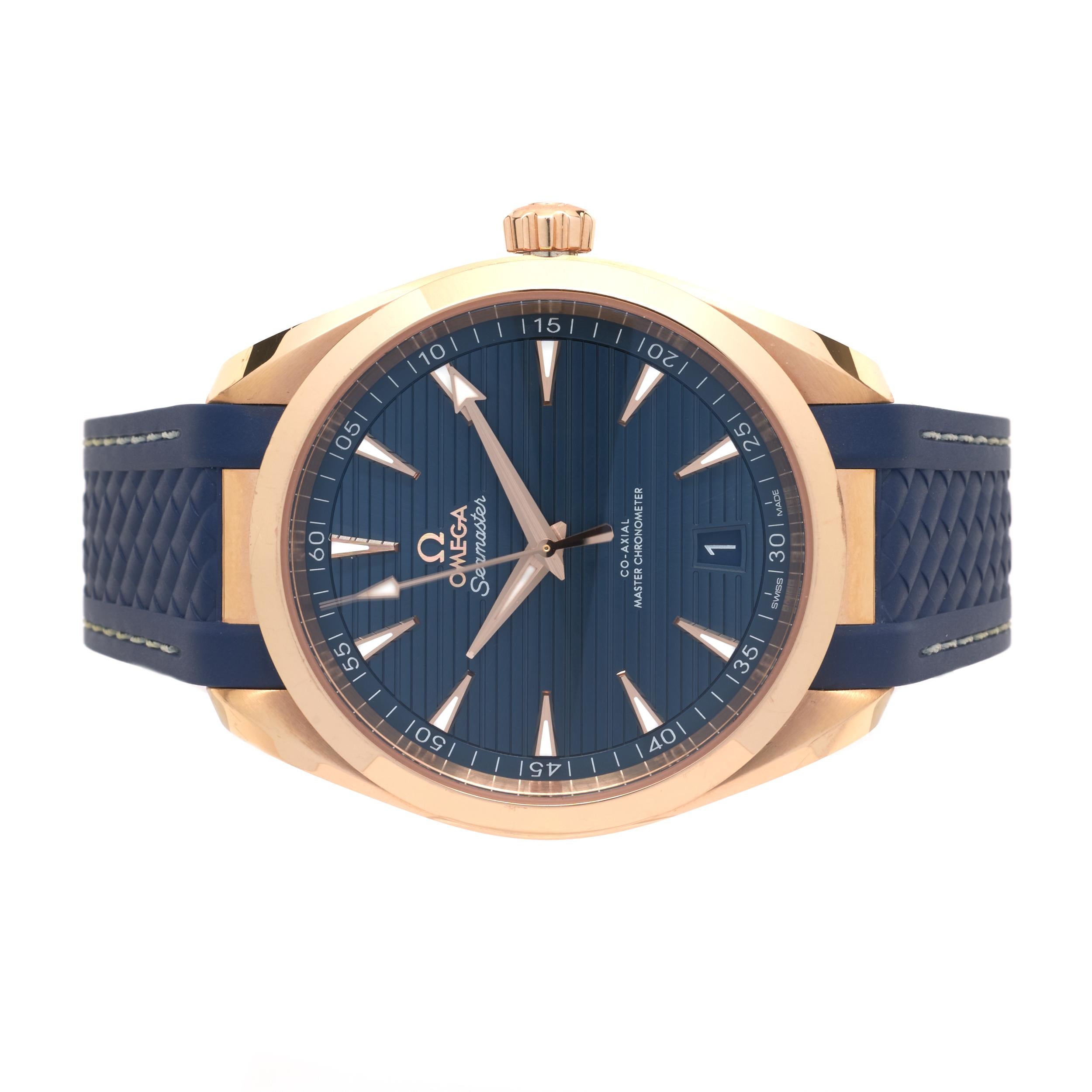 Brand: Omega
Movement: automatic
Function: hour, minuets, seconds, date
Case: 41mm 18K rose gold round case, sapphire crystal, screw down crown
Band: blue rubber strap with 18K rose gold deployment clasp
Dial: blue sunbrushed, horizontal “teak”