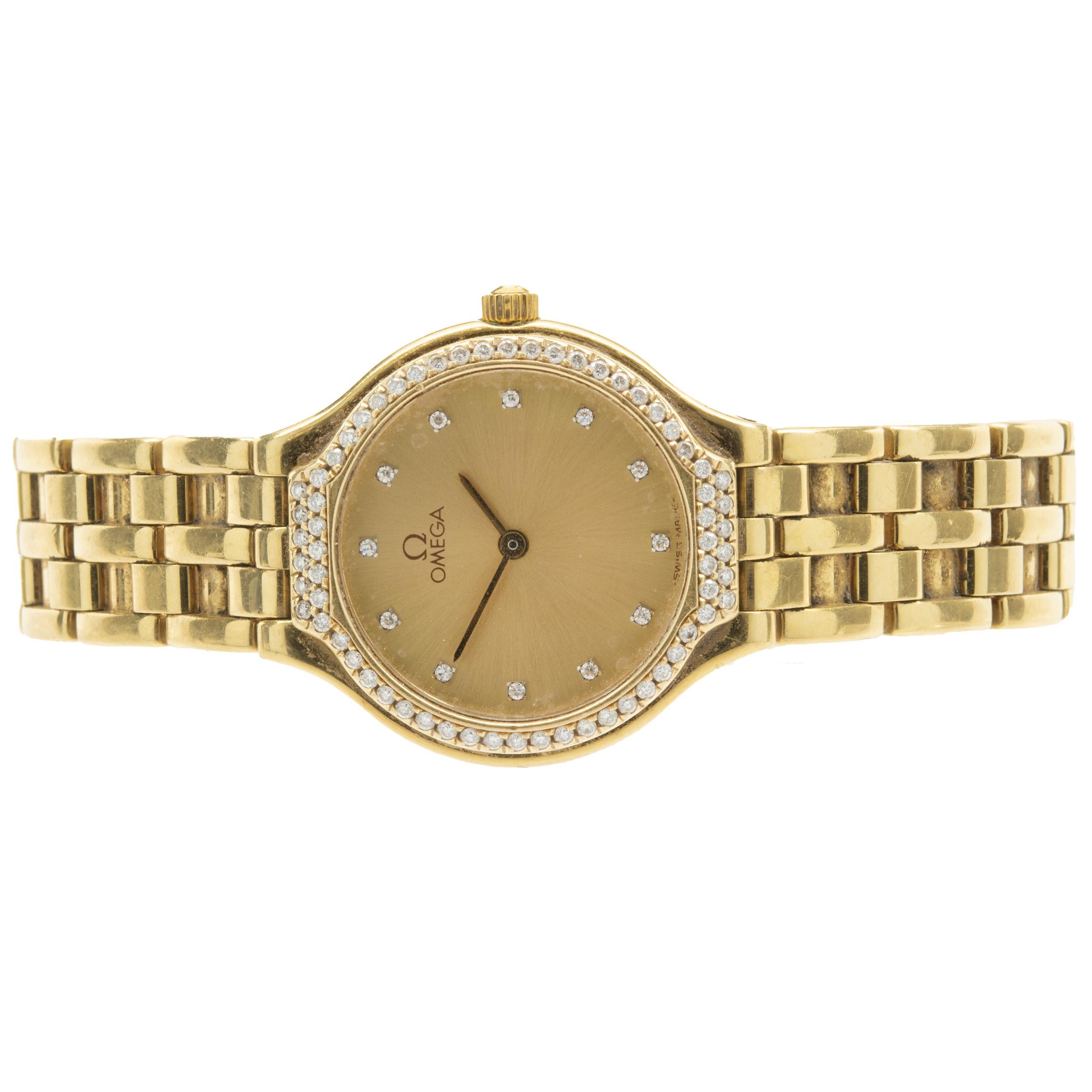 Brand: Omega
Movement: quartz
Function: hours, minutes
Case: 23.5mm 18K yellow gold round case, diamond bezel
Band: Omega 18K yellow gold link bracelet, deployment clasp
Dial: champagne diamond 
Serial # 54653XXX
Reference # Deville 

No box or