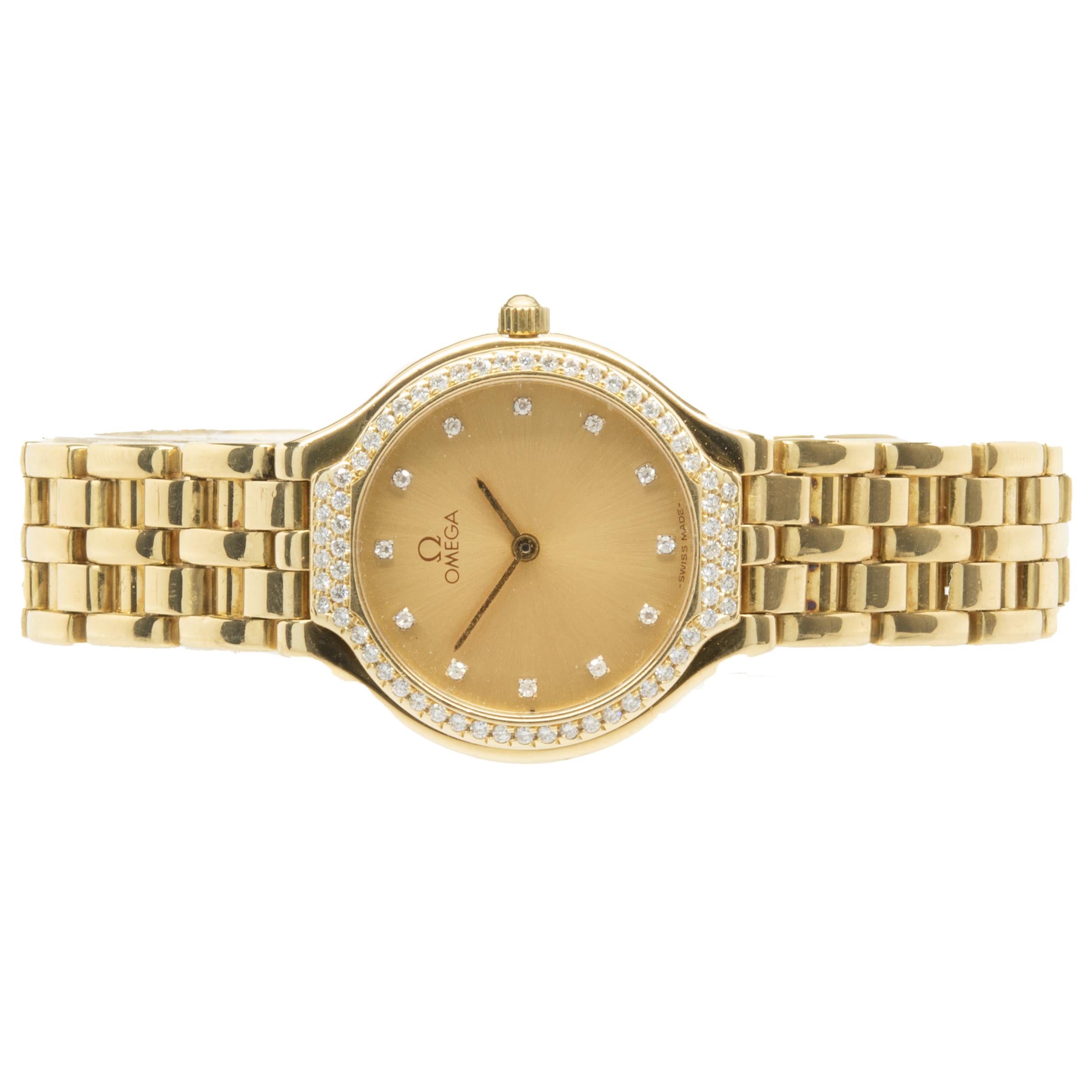 Brand: Omega
Movement: quartz
Function: hours, minutes
Case: 24mm 18K yellow gold case, factory diamond bezel
Band: Omega 18K yellow gold link bracelet, fold over clasp
Dial: factory champagne diamond dial
Serial # 54413XXX
Reference #