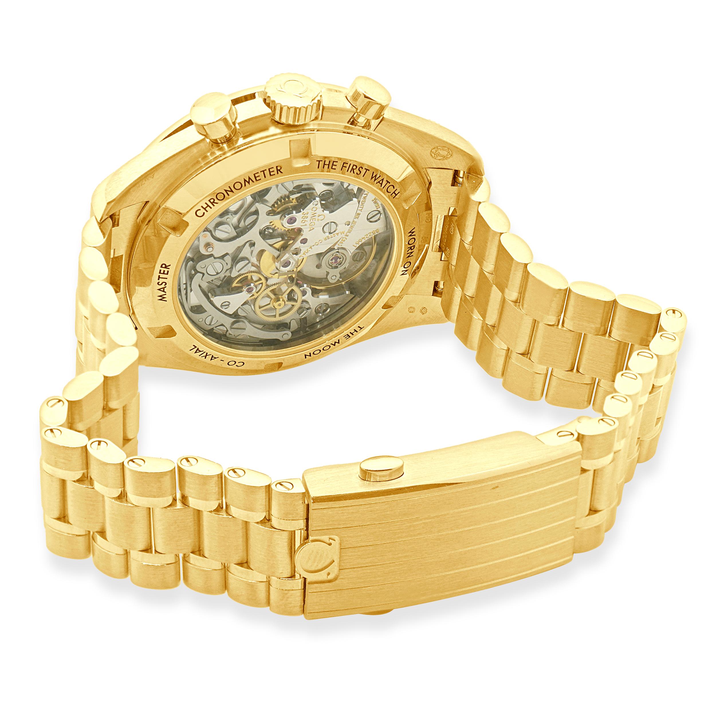 Marchio: Omega
Movimento: manuale
Funzione: ore, minuti, secondi, cronografo
Cassa: cassa in oro giallo 18k da 42 mm, lunetta tachimetrica in ceramica
Cinturino: bracciale in oro giallo 18k
Quadrante: verde
Riferimento # 310.60.42.50.10.001
Seriale: