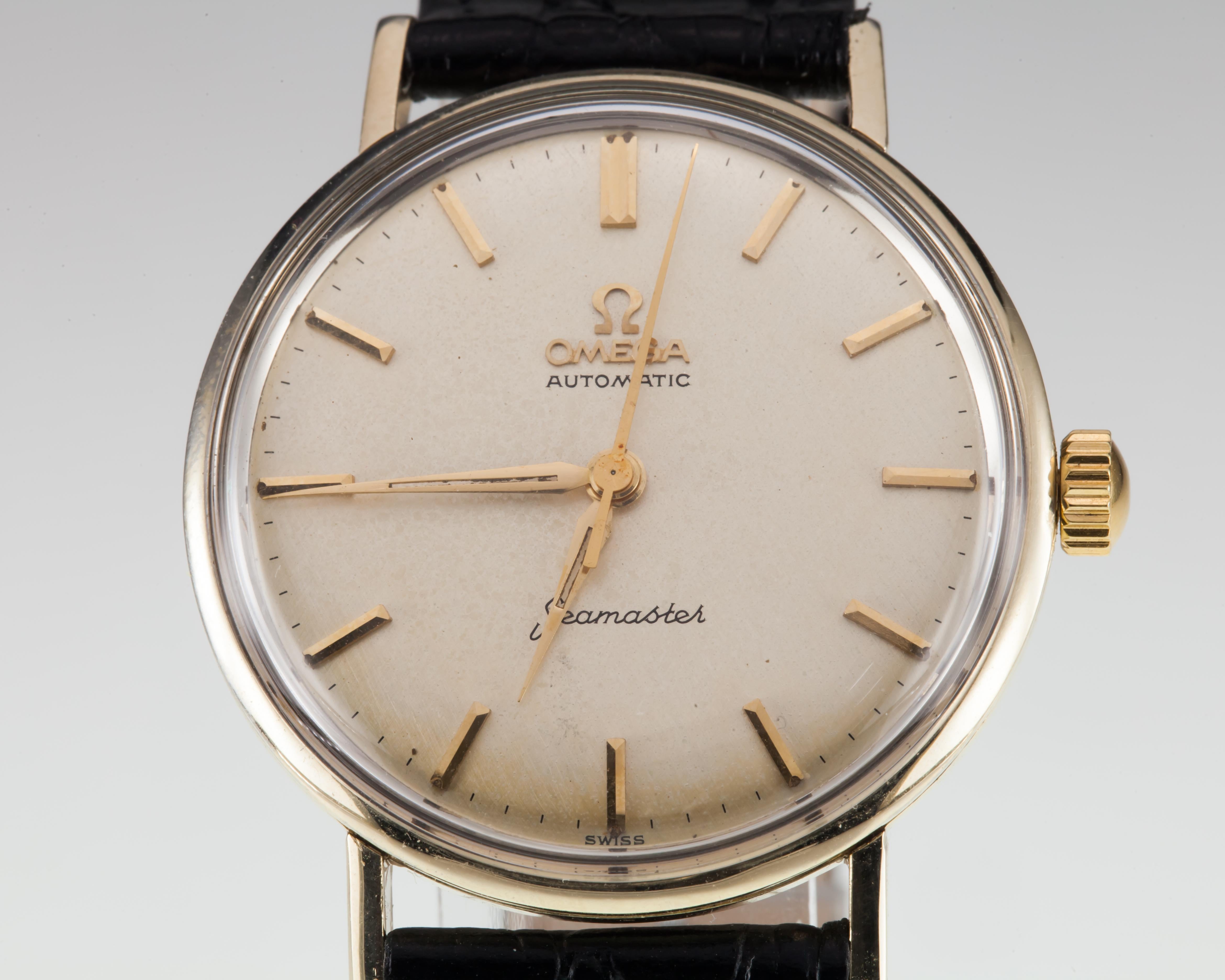 Omega 18k Gold Filled Automatic Seamaster Men's Watch with Leather Band 550

Movement #550
Movement Serial #181799XX
Year: 1961
Case #1245186.LL6287-1

18k Gold Filled Round Case
34 mm in Diameter (36 mm w/ Crown)
Lug-to-Lug Distance = 41