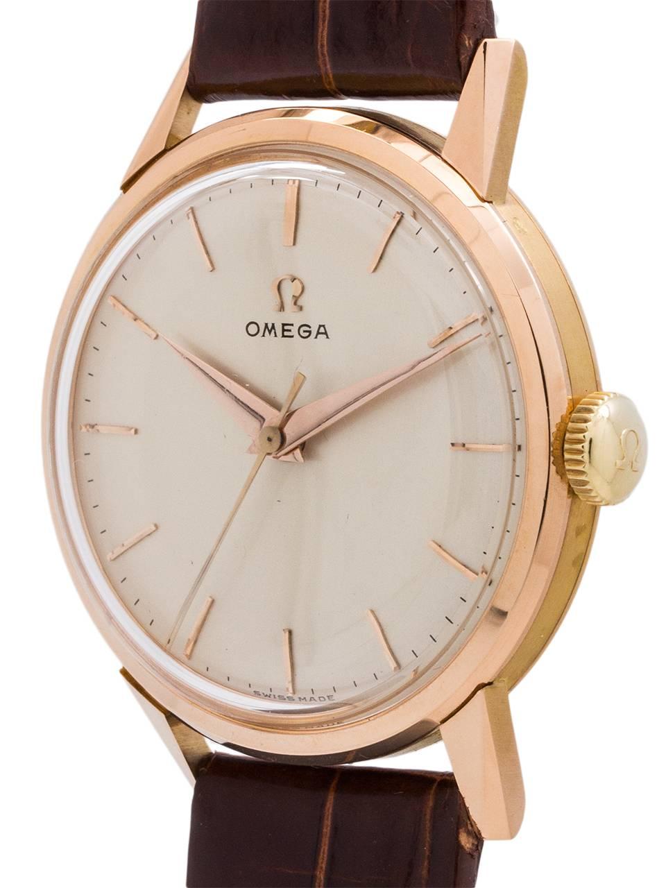 Omega Rose Gold Dress Model manual wind wristwatch, circa 1956 In Excellent Condition In West Hollywood, CA