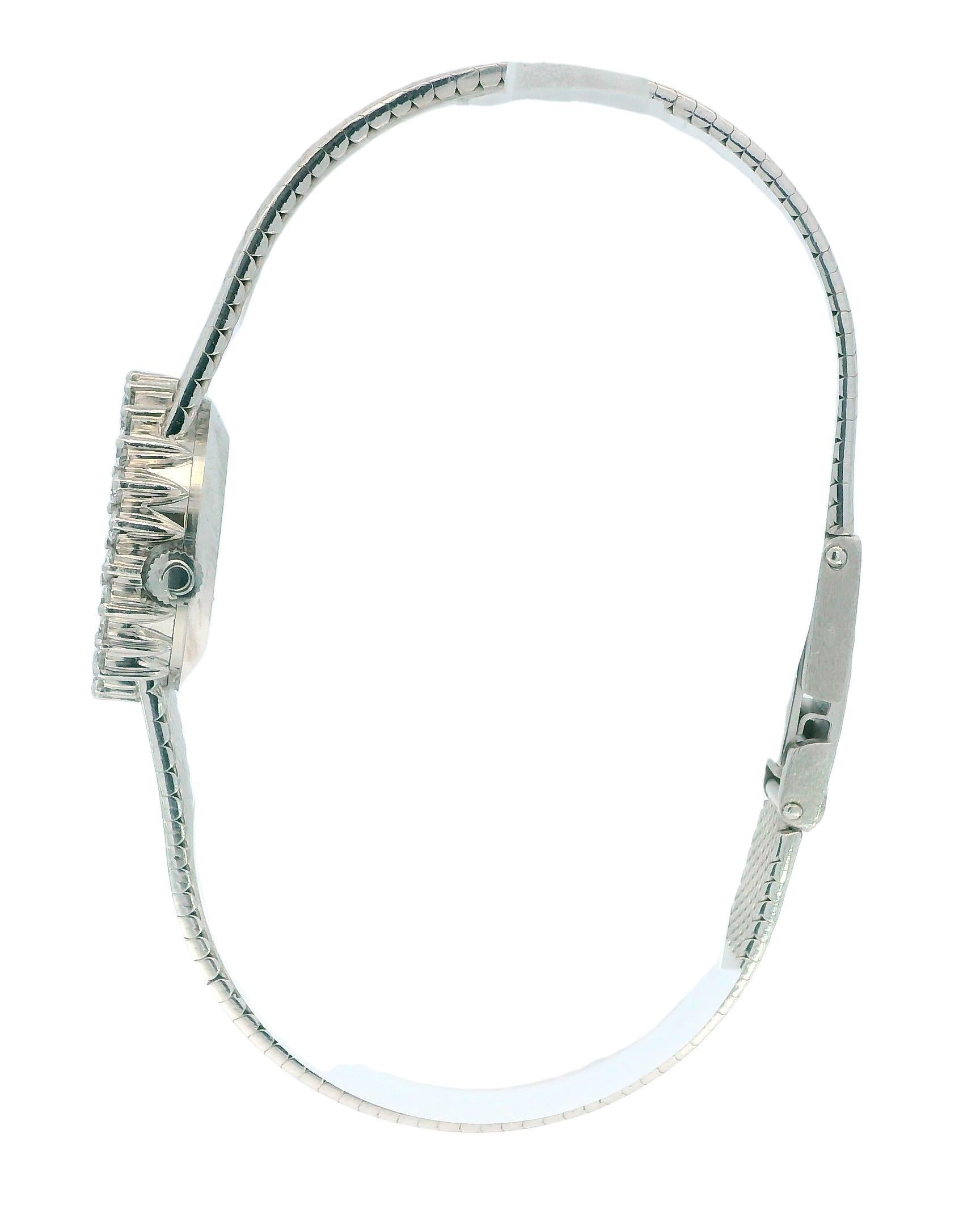 Omega 18k White Gold & 1Ct Diamond Bezel Mesh Bracelet Ladies Watch For Sale 2
