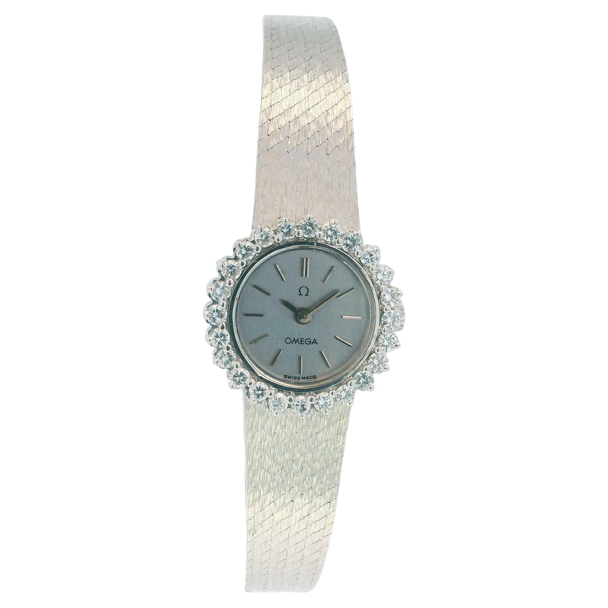 Omega 18k White Gold & 1Ct Diamond Bezel Mesh Bracelet Ladies Watch