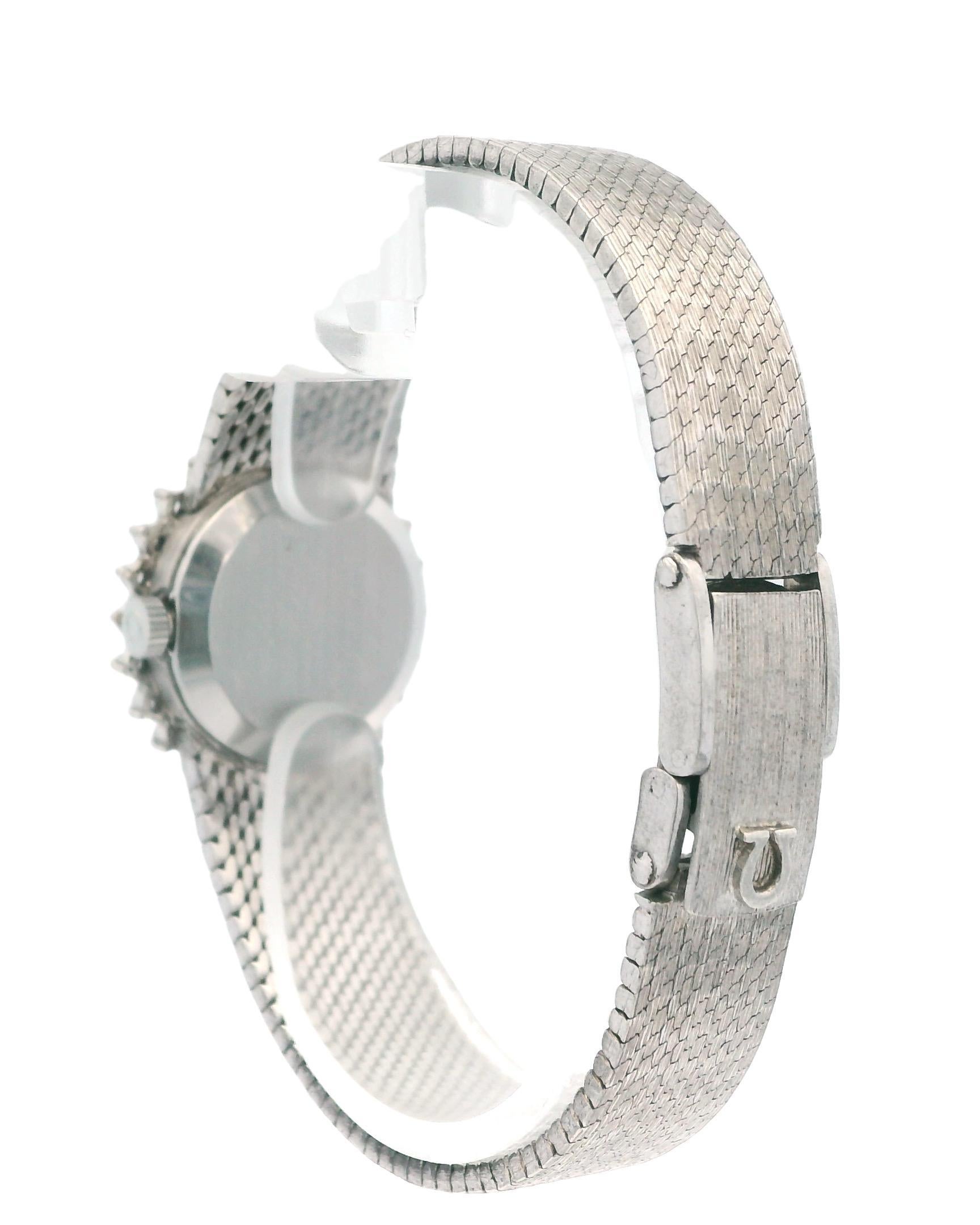 Women's Omega 18K White Gold Diamond Bezel Mesh Bracelet Mechanical Ladies Watch For Sale