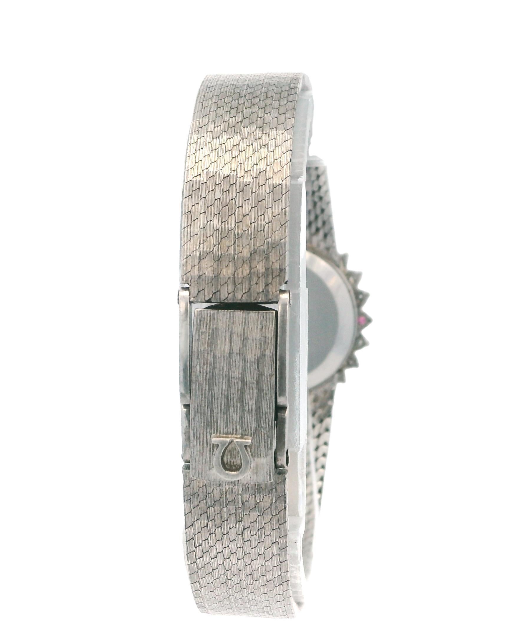 Omega 18K White Gold Diamond Bezel Mesh Bracelet Mechanical Ladies Watch For Sale 1