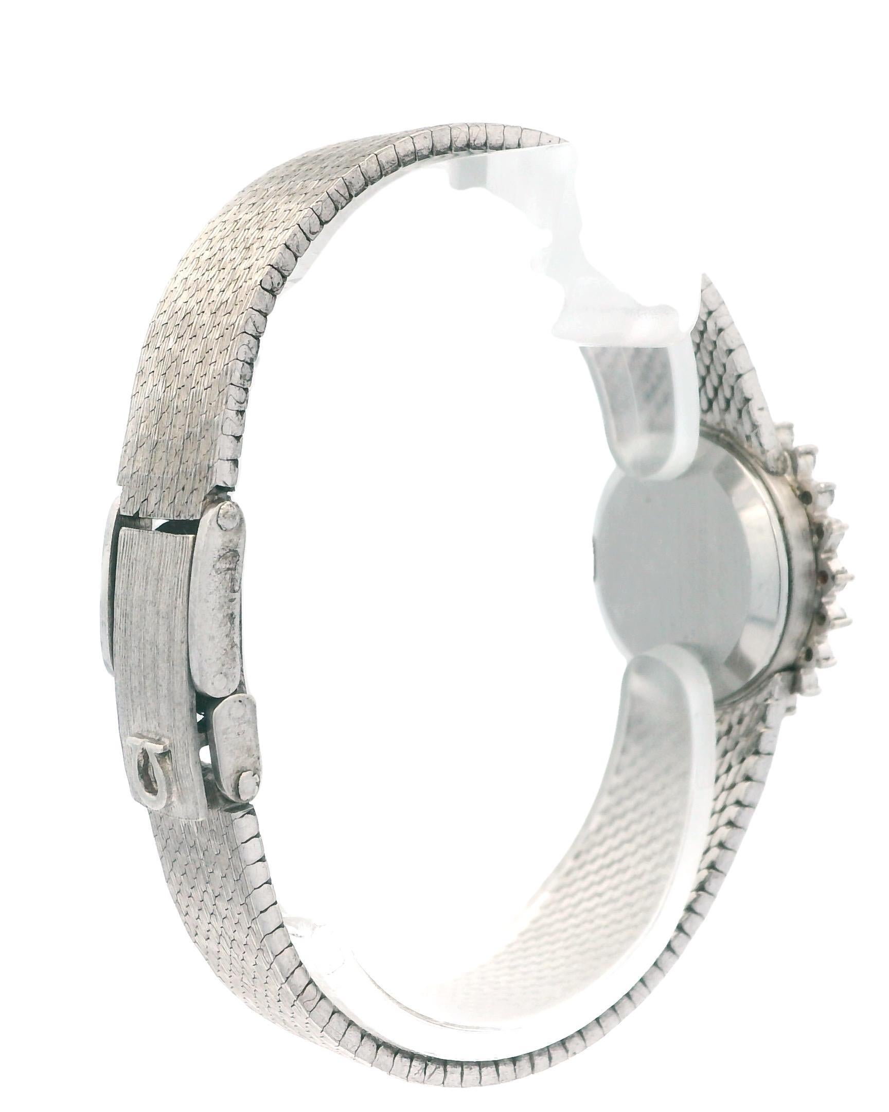 Omega 18K White Gold Diamond Bezel Mesh Bracelet Mechanical Ladies Watch For Sale 2