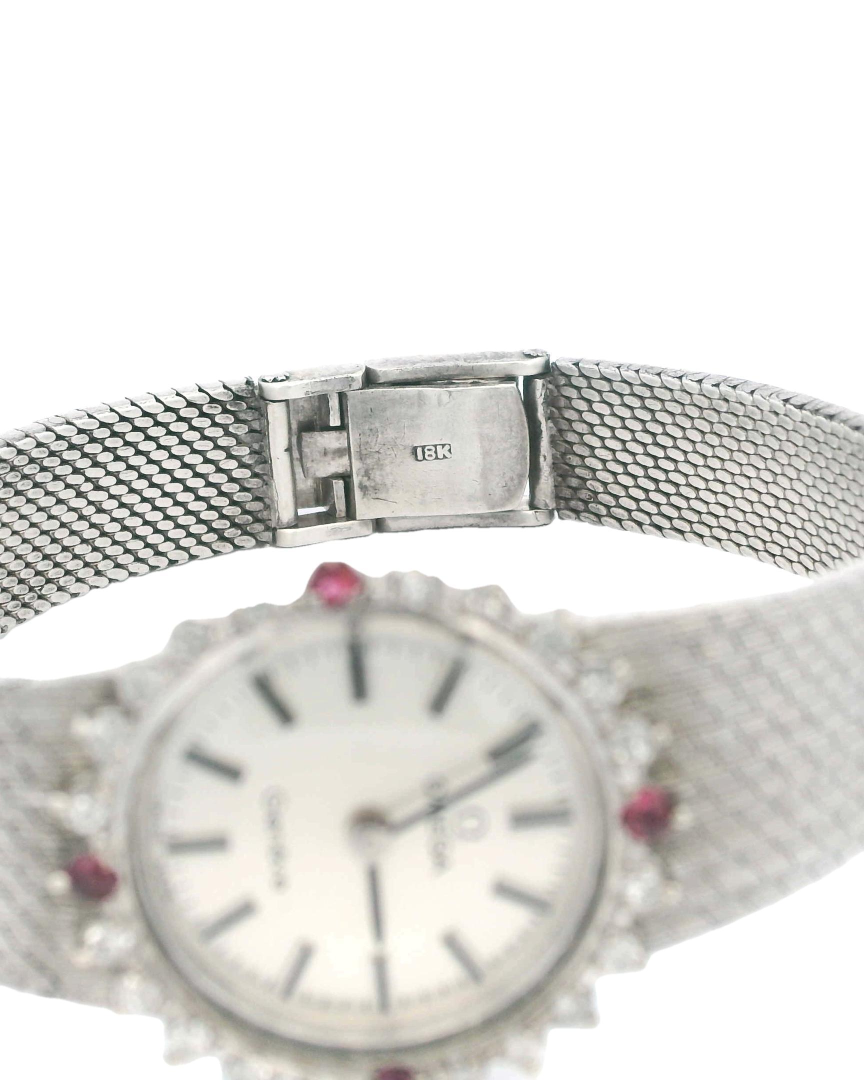 Omega 18K White Gold Diamond Bezel Mesh Bracelet Mechanical Ladies Watch For Sale 4
