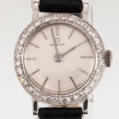 Omega 18k White Gold Women's Manual Wind Watch with Diamond Bezel #484