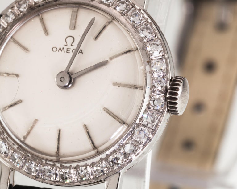 Omega 18k White Gold Women's Manual Wind Watch with Diamond Bezel 484