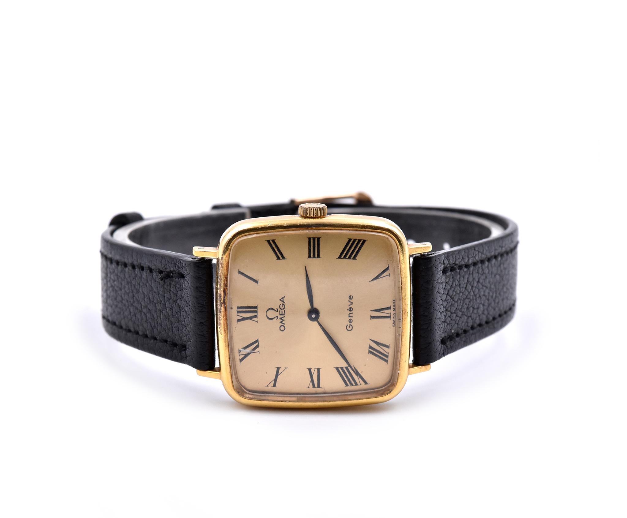 Movement: automatic
Function: hours, minutes
Case: 27.30mm 18k yellow gold-plated case, plastic crystal
Band: black alligator leather band, gold tang buckle
Dial: champagne dial, black steel hands, black Roman hour markers
Reference #: 17