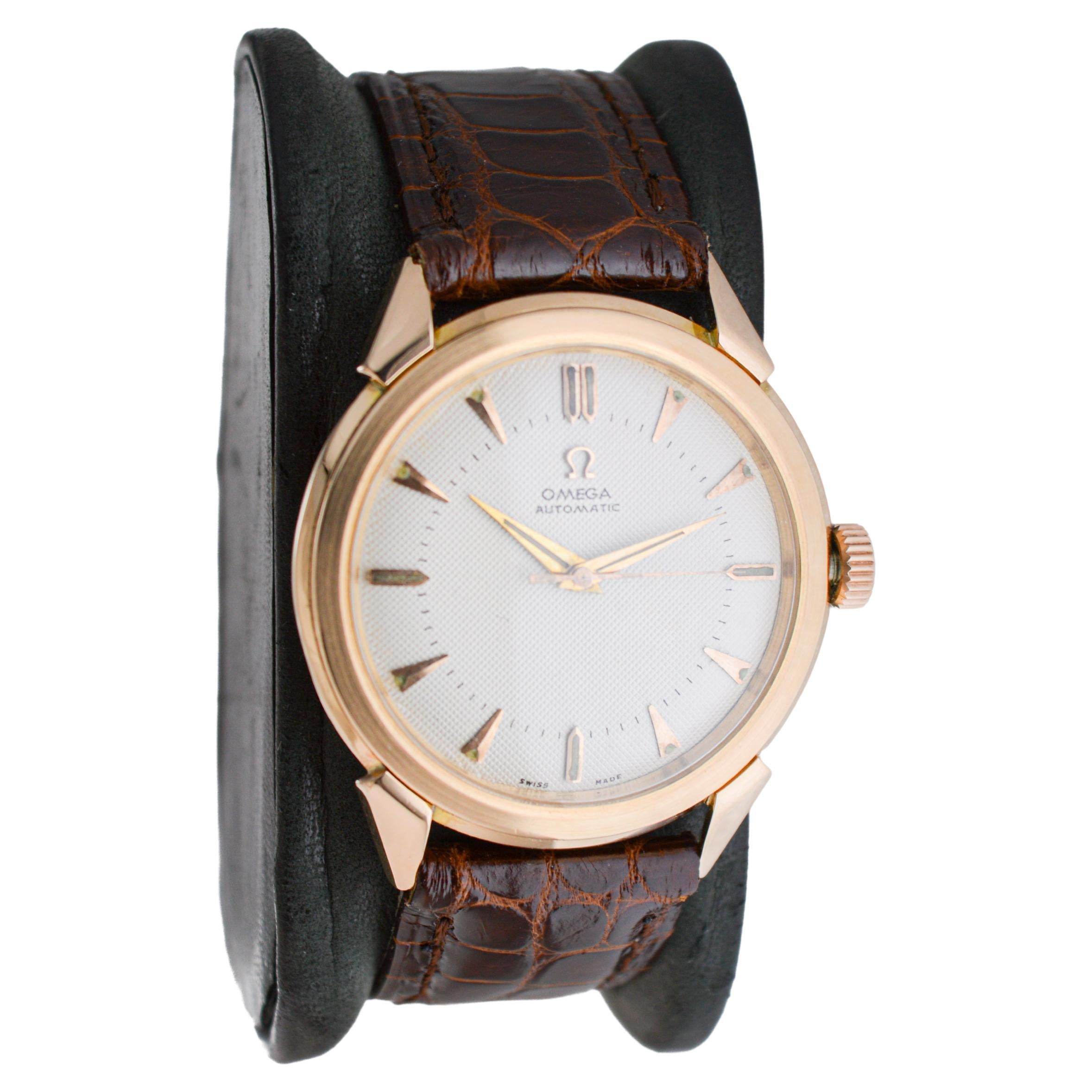 Art Deco Omega 18Kt Pink Gold Bumper Automatic circa 1940's with Waffle Dial For Sale