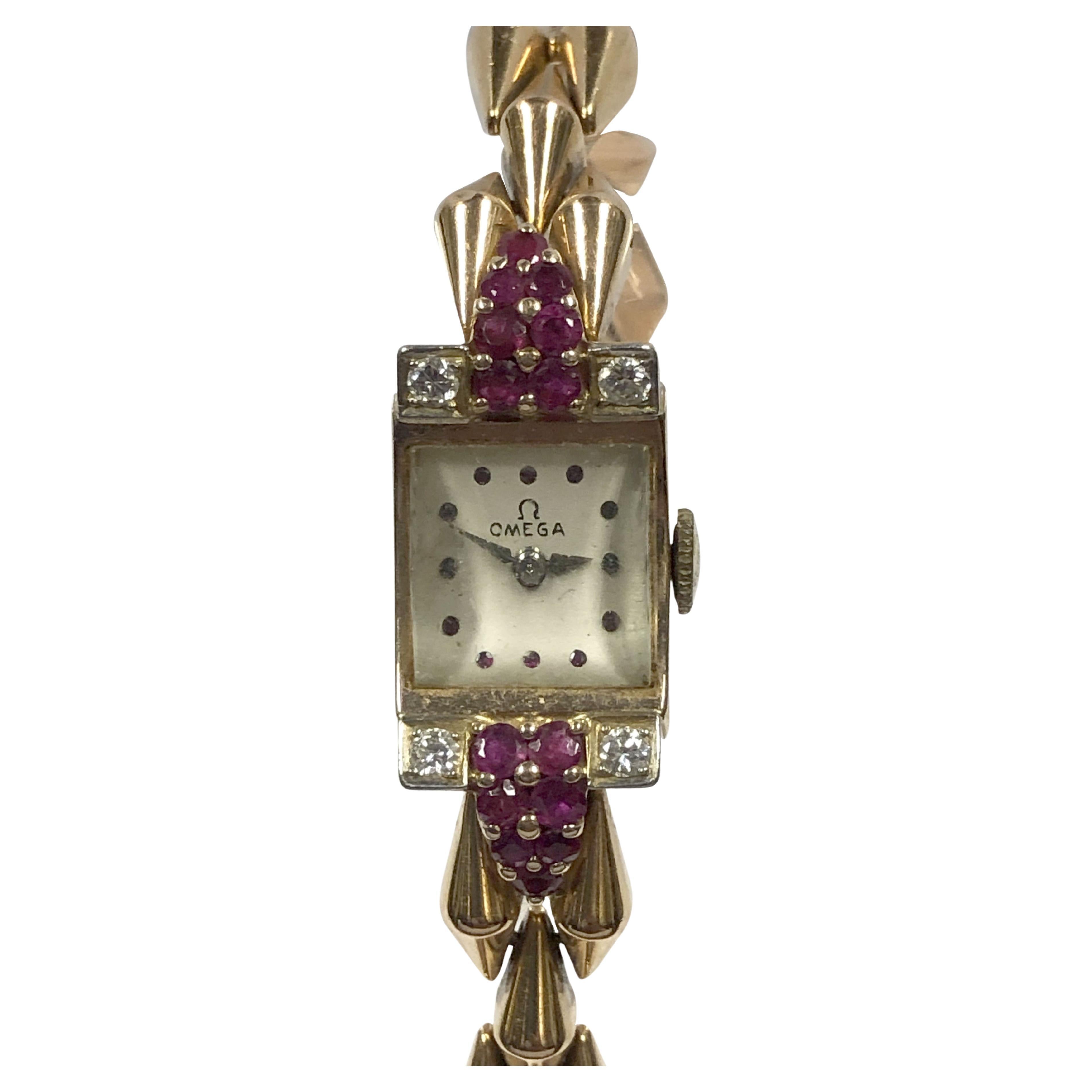 Omega 1940er Retro Armbanduhr aus Roségold und Rubinen 