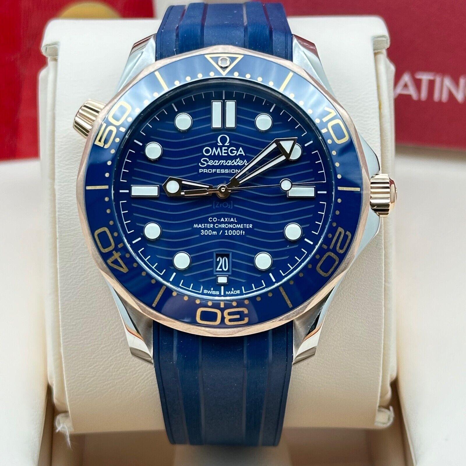 Omega 210.22.42.20.03.002 Seamaster Blue 18K Rose Gold Steel Box Paper In Excellent Condition For Sale In San Diego, CA