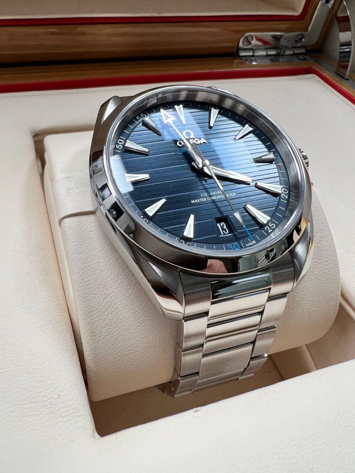 Omega 220.10.41.21.03.001 Seamaster Aqua Terra Blue Stainless Steel Box Paper In Excellent Condition In San Diego, CA