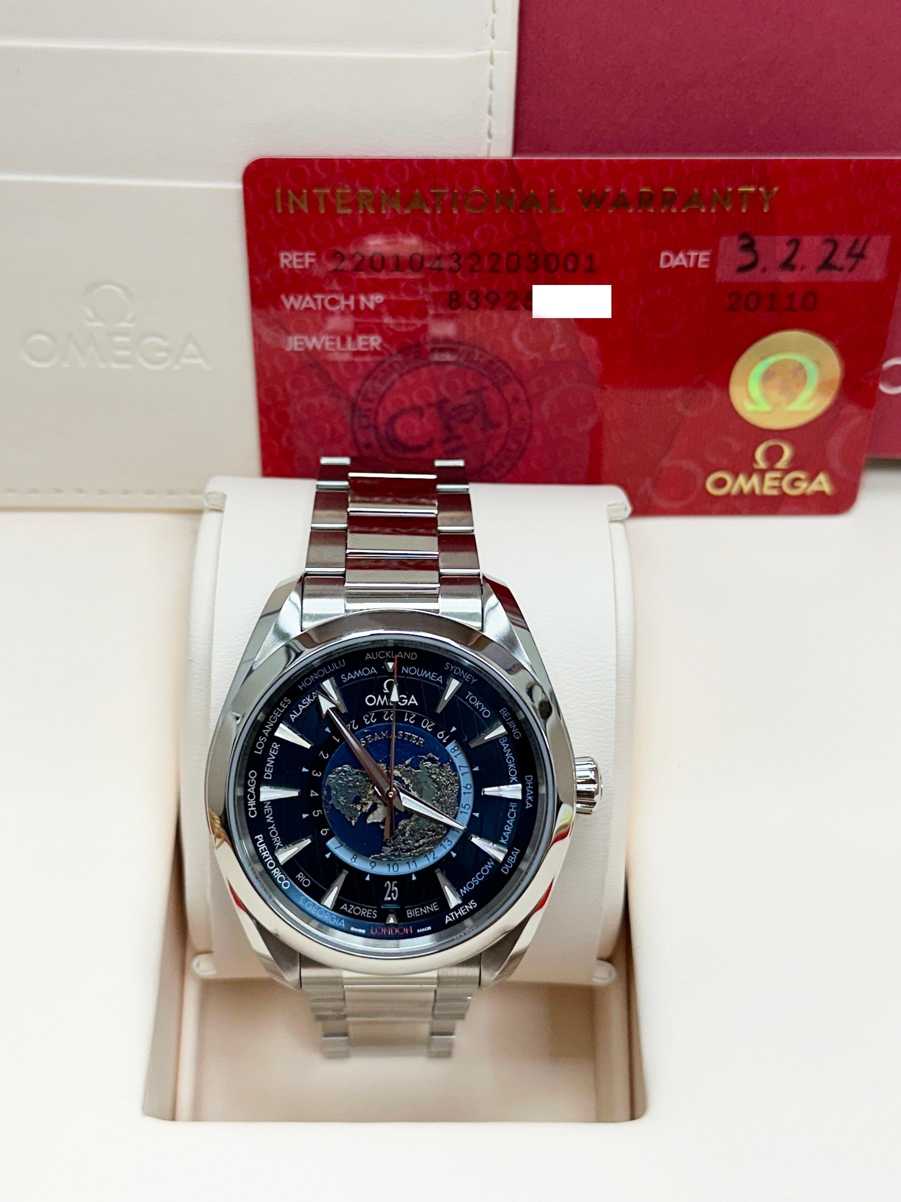 Omega 220.10.43.22.03.001 Seamaster Aqua Terra Blaues Zifferblatt Stahlschachtelpapier 2024 im Zustand „Hervorragend“ in San Diego, CA
