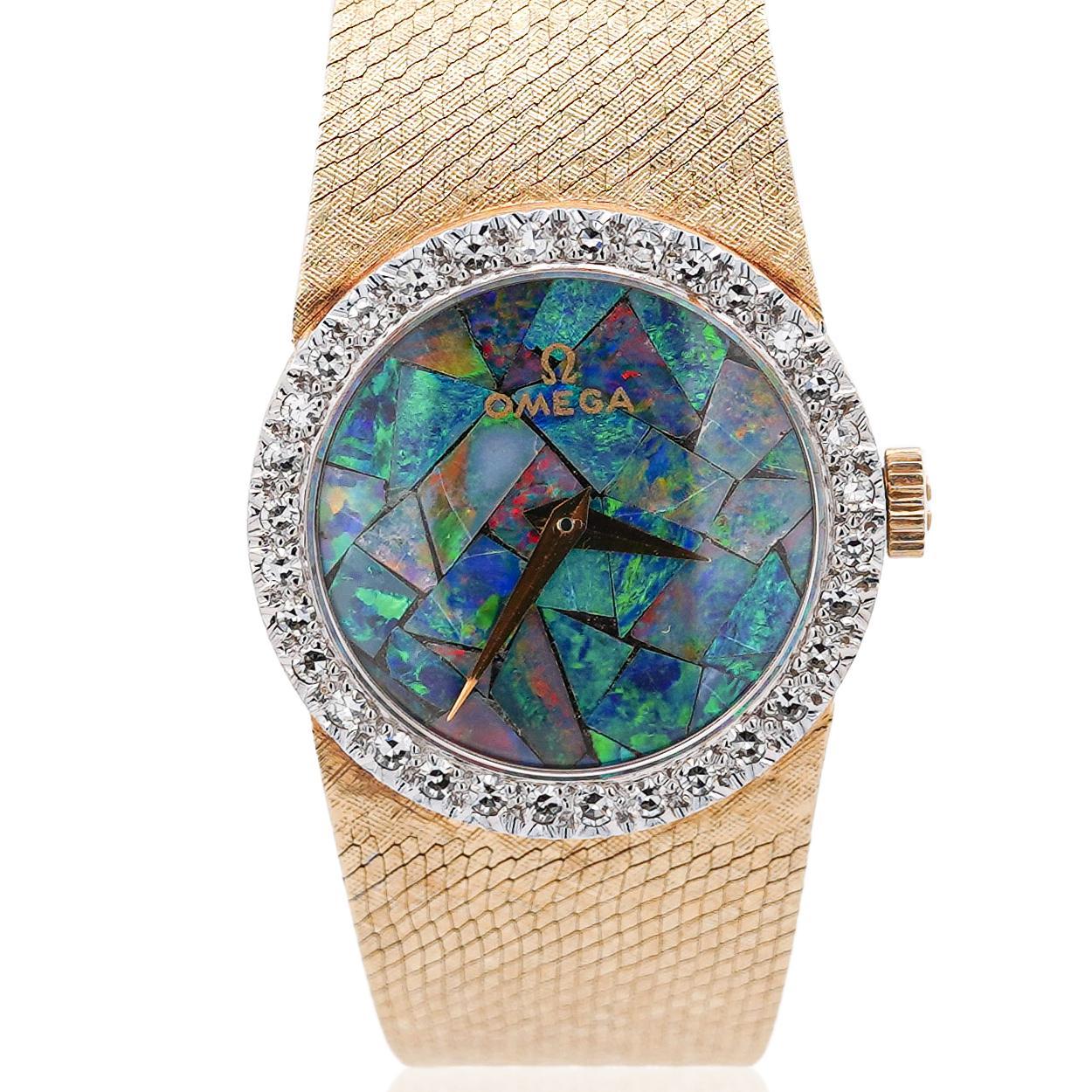 Reloj vintage Omega de 23 mm con esfera de ópalo negro y bisel de diamantes en oro amarillo de 14 quilates en venta 7
