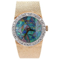 Omega 23mm Fire Black Opal Dial & Diamond Bezel in 14K Yellow Gold Vintage Watch
