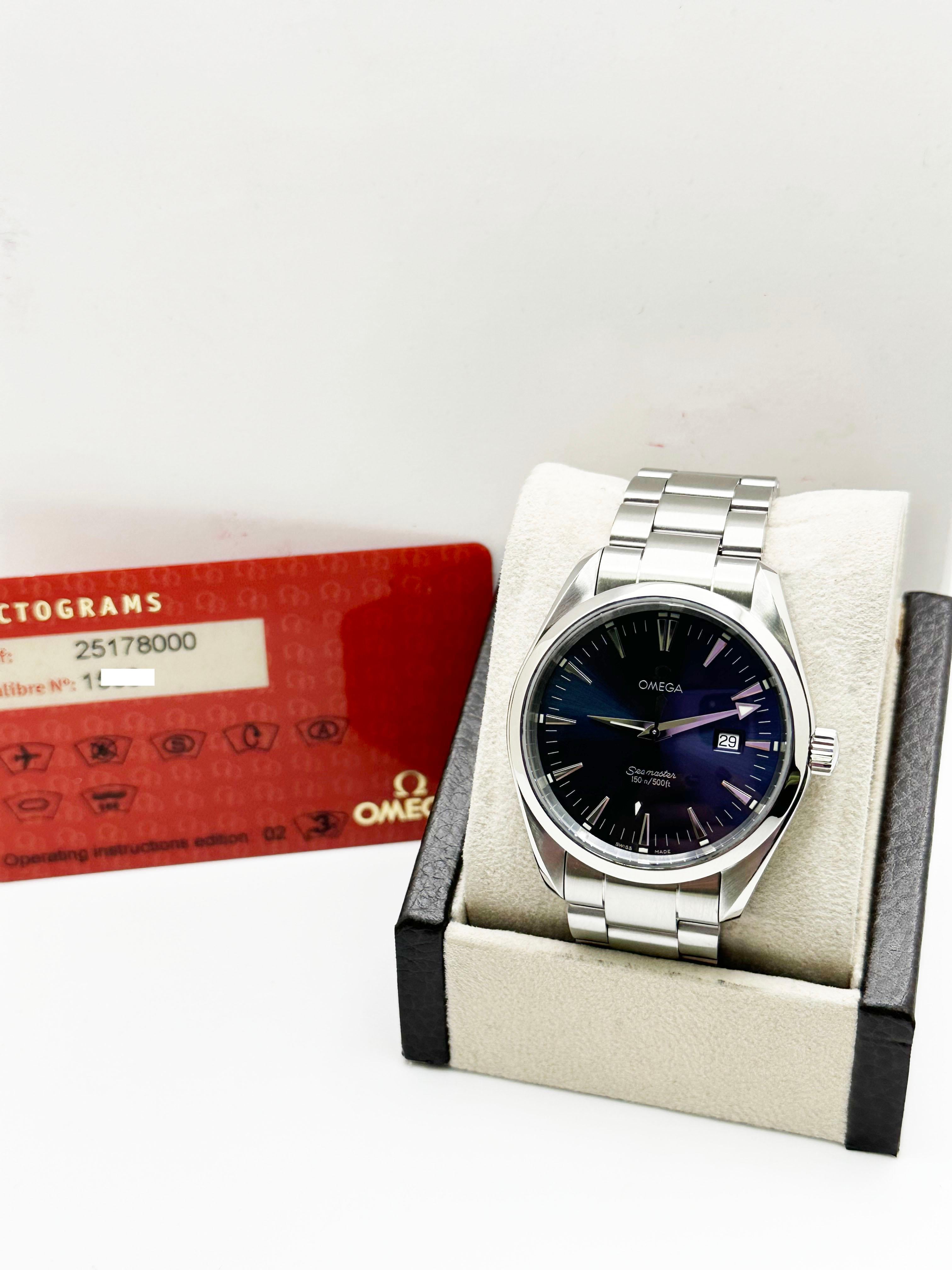 Stilnummer: 2517.80.00

 

Jahr: Schätzungsweise Anfang der 2000er Jahre

 

Modell: Seamaster

 

MATERIAL des Gehäuses: Rostfreier Stahl 

 

Band: Rostfreier Stahl 

 

Lünette:  Rostfreier Stahl 

 

Zifferblatt: Blau

 

Gesicht: Saphirglas 

