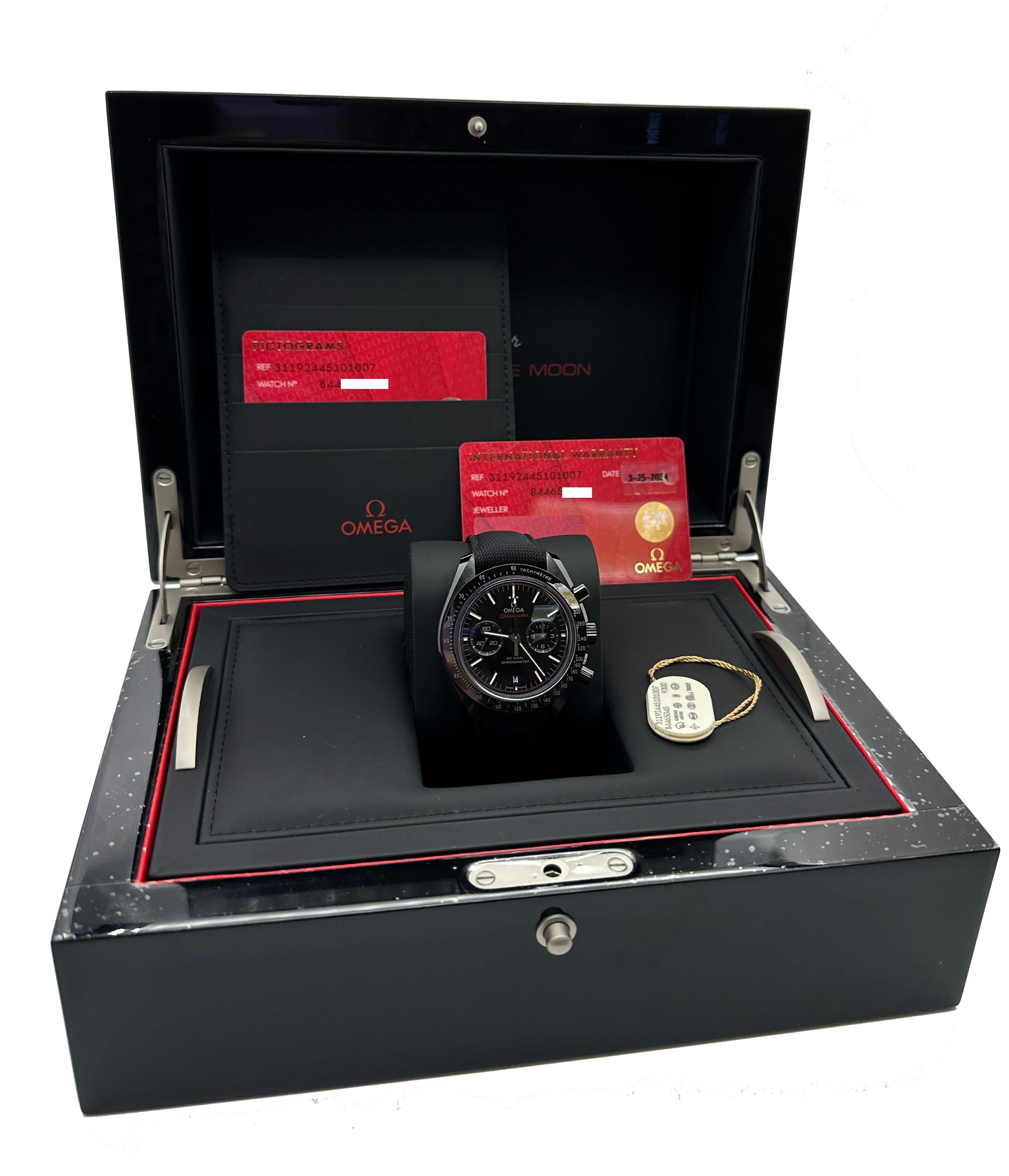 Style Number: 311.92.44.51.01.007


Year: 2024

 

Model: Speedmaster Dark Side of the Moon 

 

Case Material: Black Ceramic 

 

Bezel: Black Ceramic 

 

Dial: Black

 

Face: Sapphire Crystal 

 

Case Size: 44.25mm 

 

Includes: 

-Omega Box &
