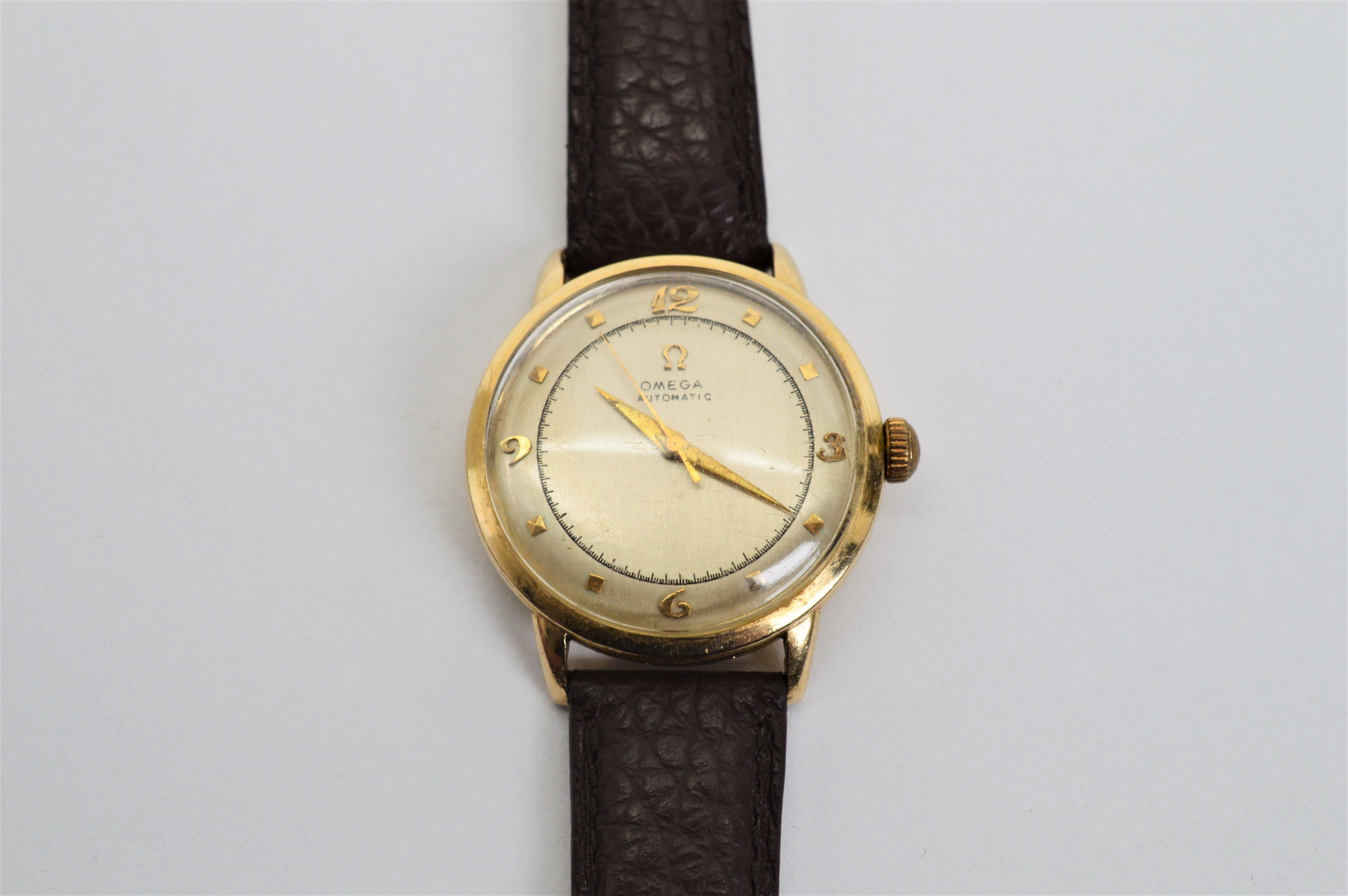 Omega 351 Fourteen Karat Yellow Gold Men's Bumper Wrist Watch For Sale 4
