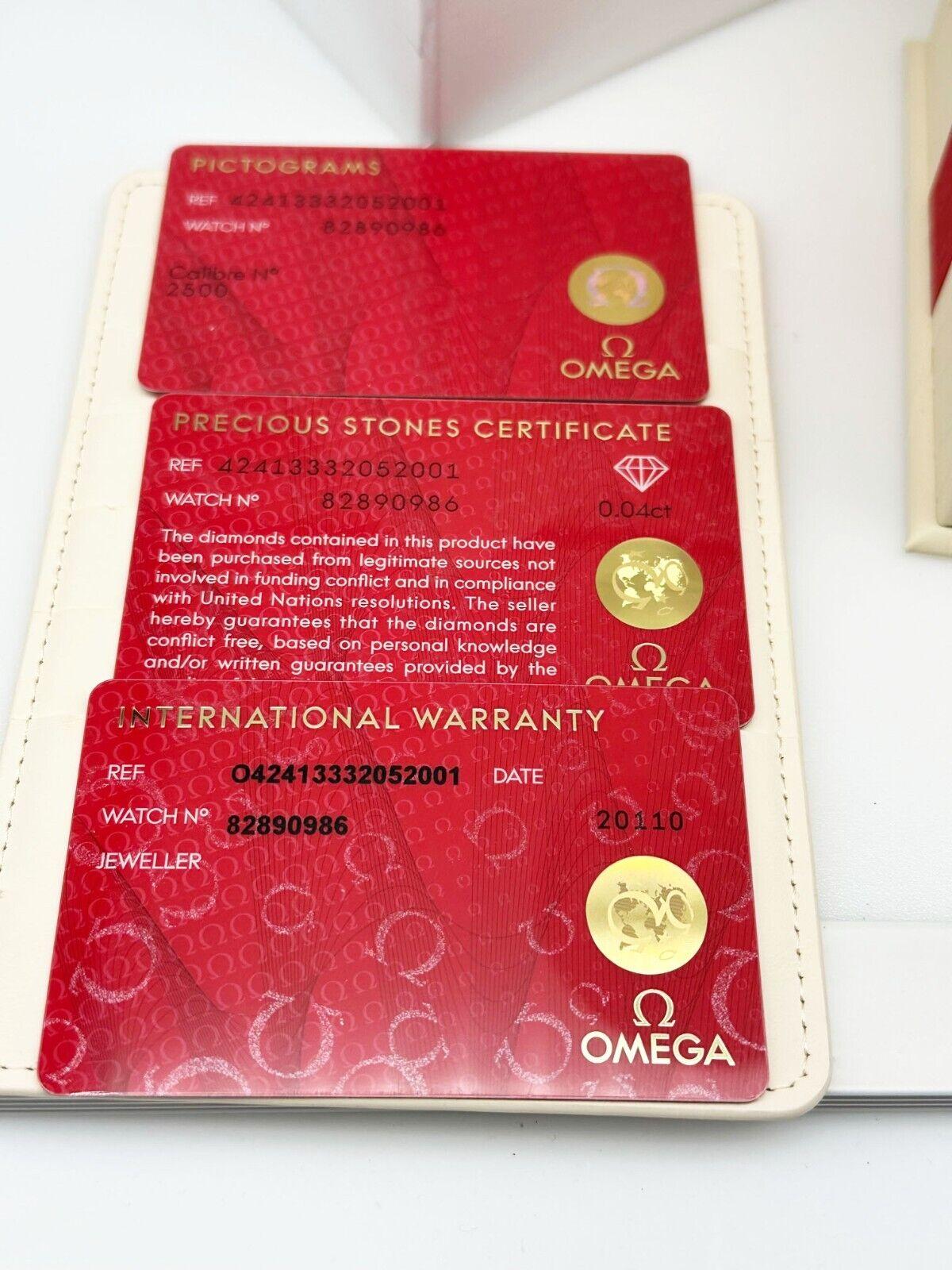 Omega 424.13.33.20.52.001 De Ville Prestige Diamond Dial Steel Box Paper In Excellent Condition For Sale In San Diego, CA