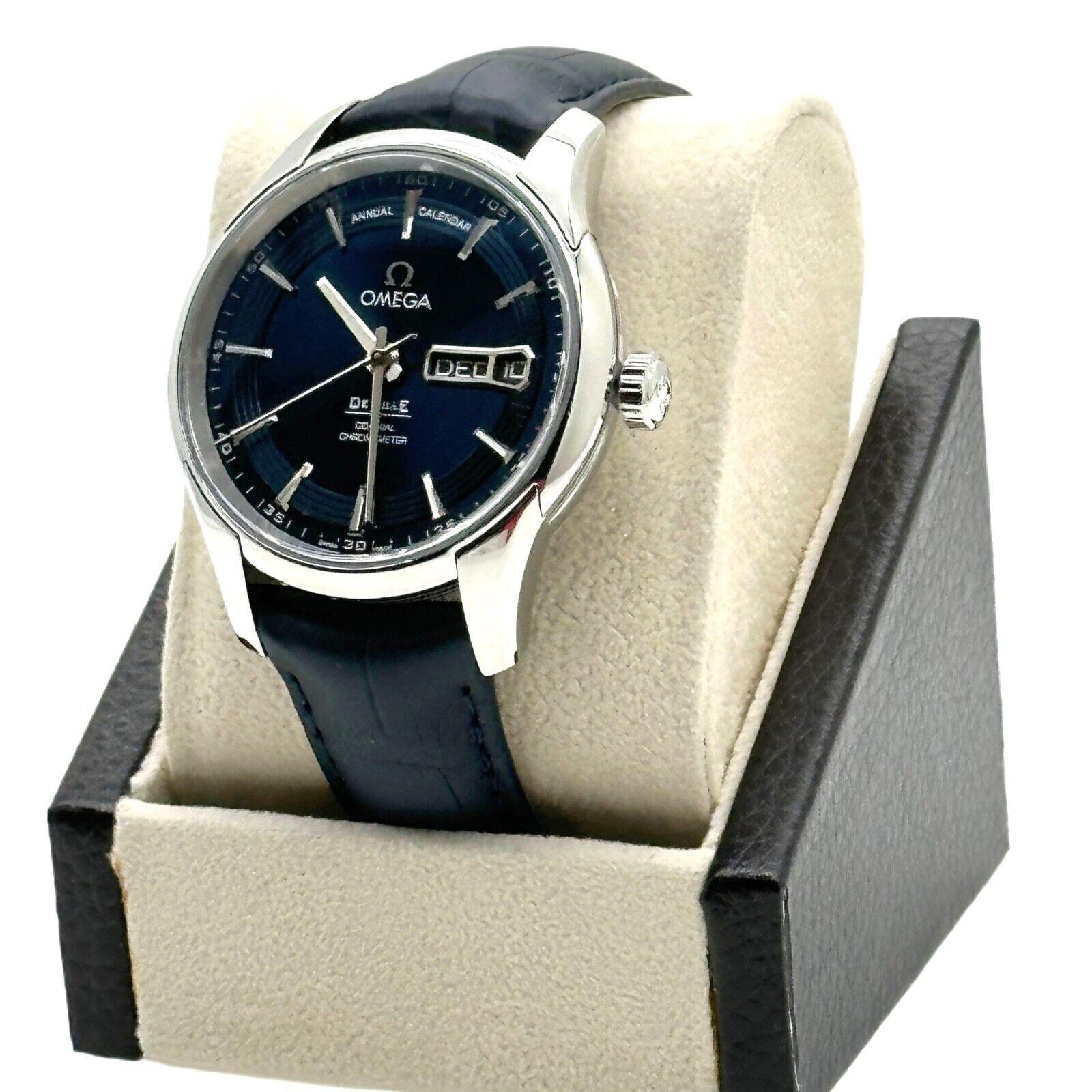 Style Number: 431.33.41.22.03.001
Model: Omega De Ville Hour Vision Annual Calendar 
Case Material: Stainless Steel 
Band: Blue Leather
Bezel:  Stainless Steel 
Dial: Blue
Face: Sapphire Crystal 
Case Size: 41mm 
Includes: 
-Omega Travel