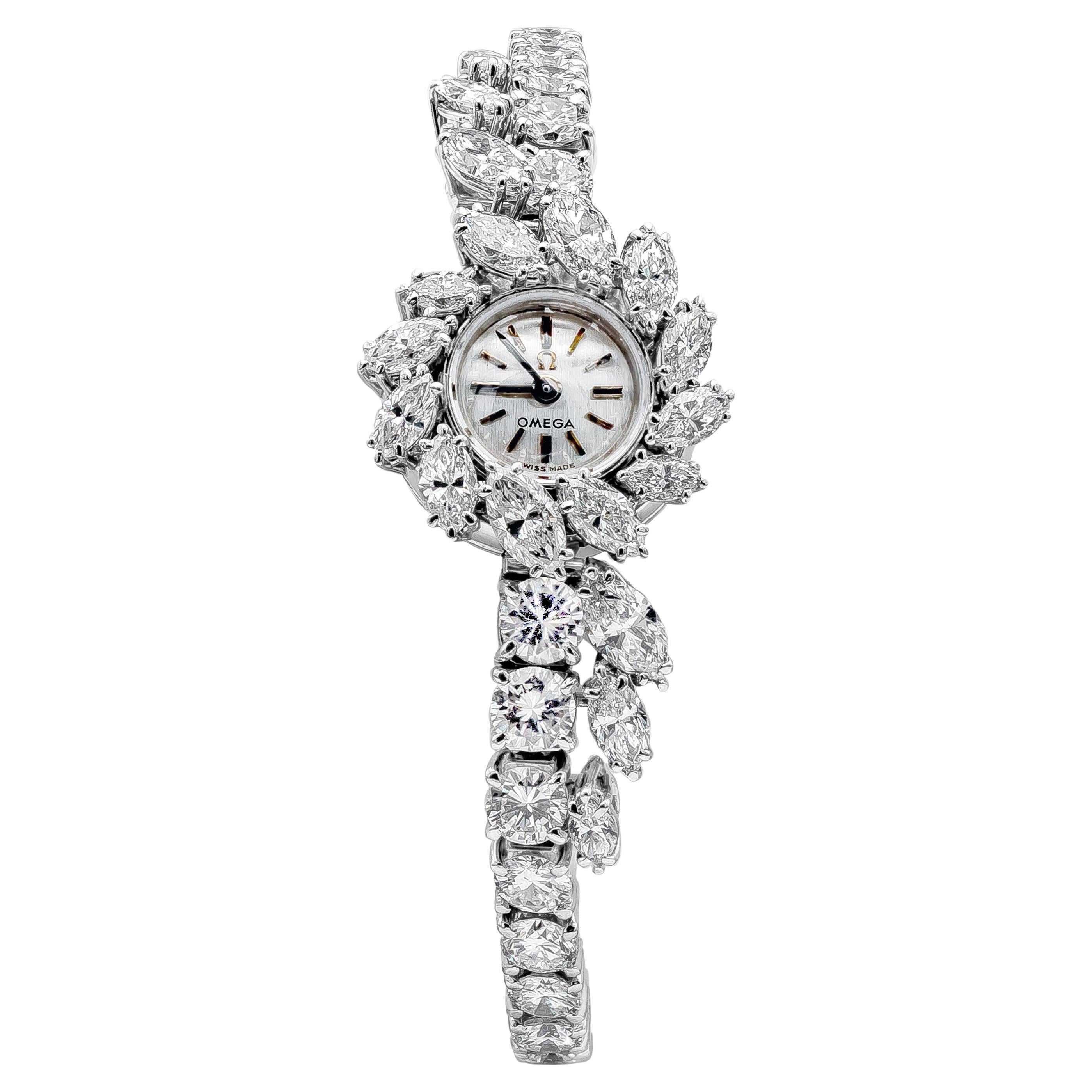 Omega 9.00 Carat Total Mixed Shape Diamond Vintage Ladies Wrist Watch For Sale