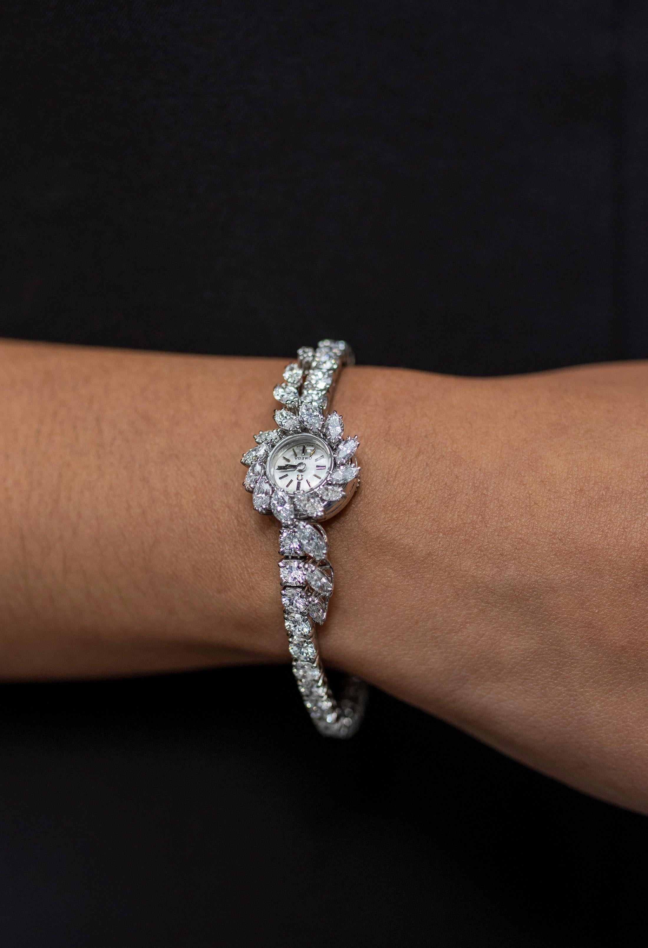 Omega 9.00 Carat Total Mixed Shape Diamond Vintage Ladies Wrist Watch For Sale 1
