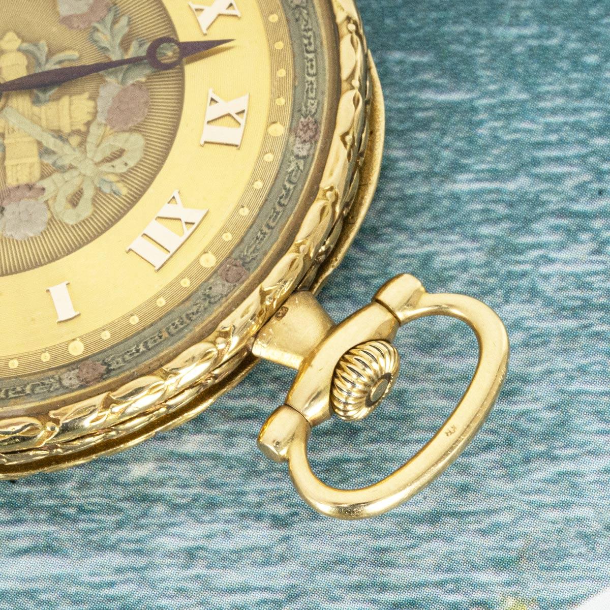 Omega. A Rare 18ct Yellow Gold Keyless Lever Art Deco Pocket Watch, C1920.

Dial: The rare and unusual Multi coloured gold dial with raised gold Roman numerals with floral decorations to the outer dial. The inner dial with raised three coloured gold