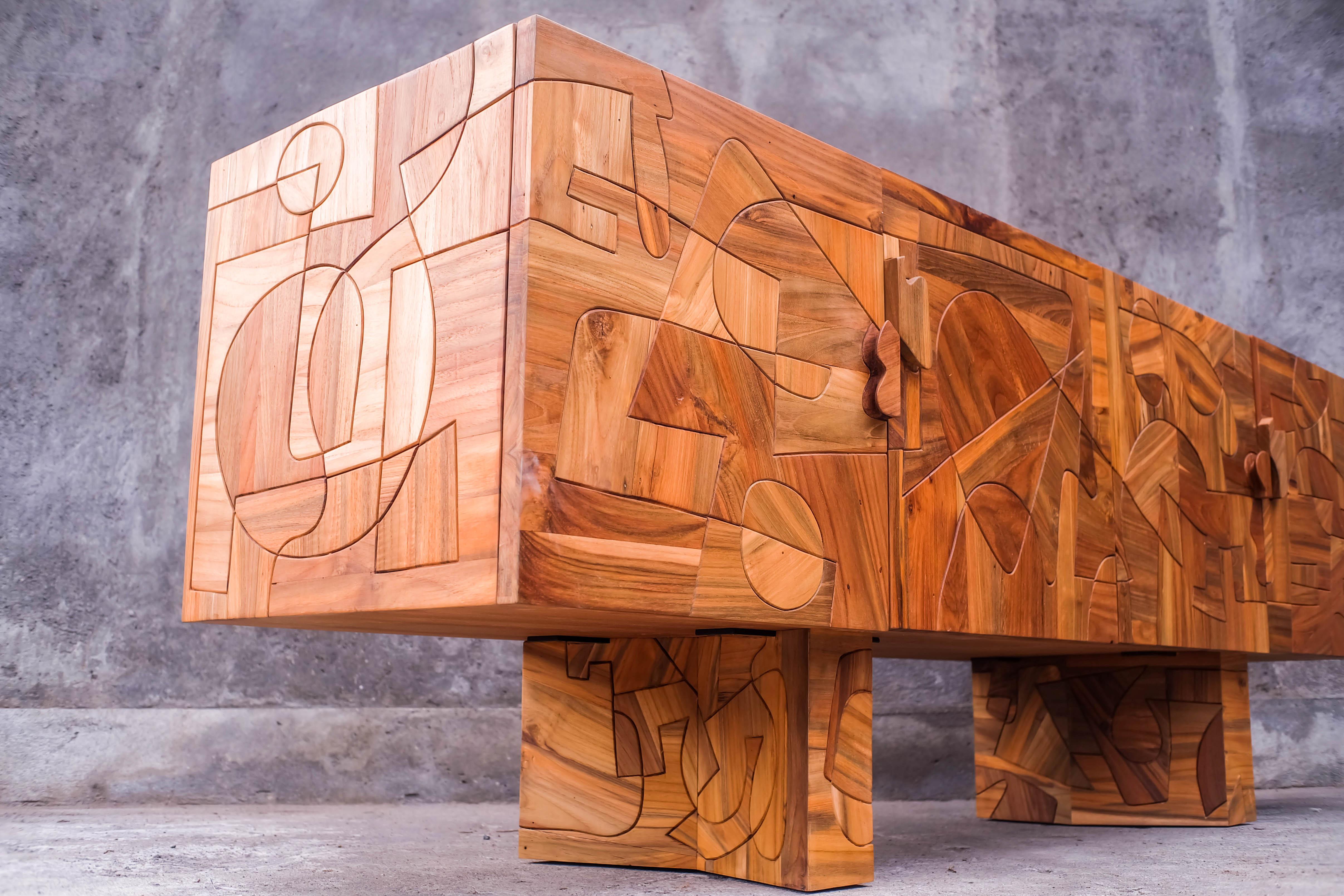 Teak Omega Abstract Design Mozaic Brutalist Sideboard by Felix De Boussy for Belgali For Sale