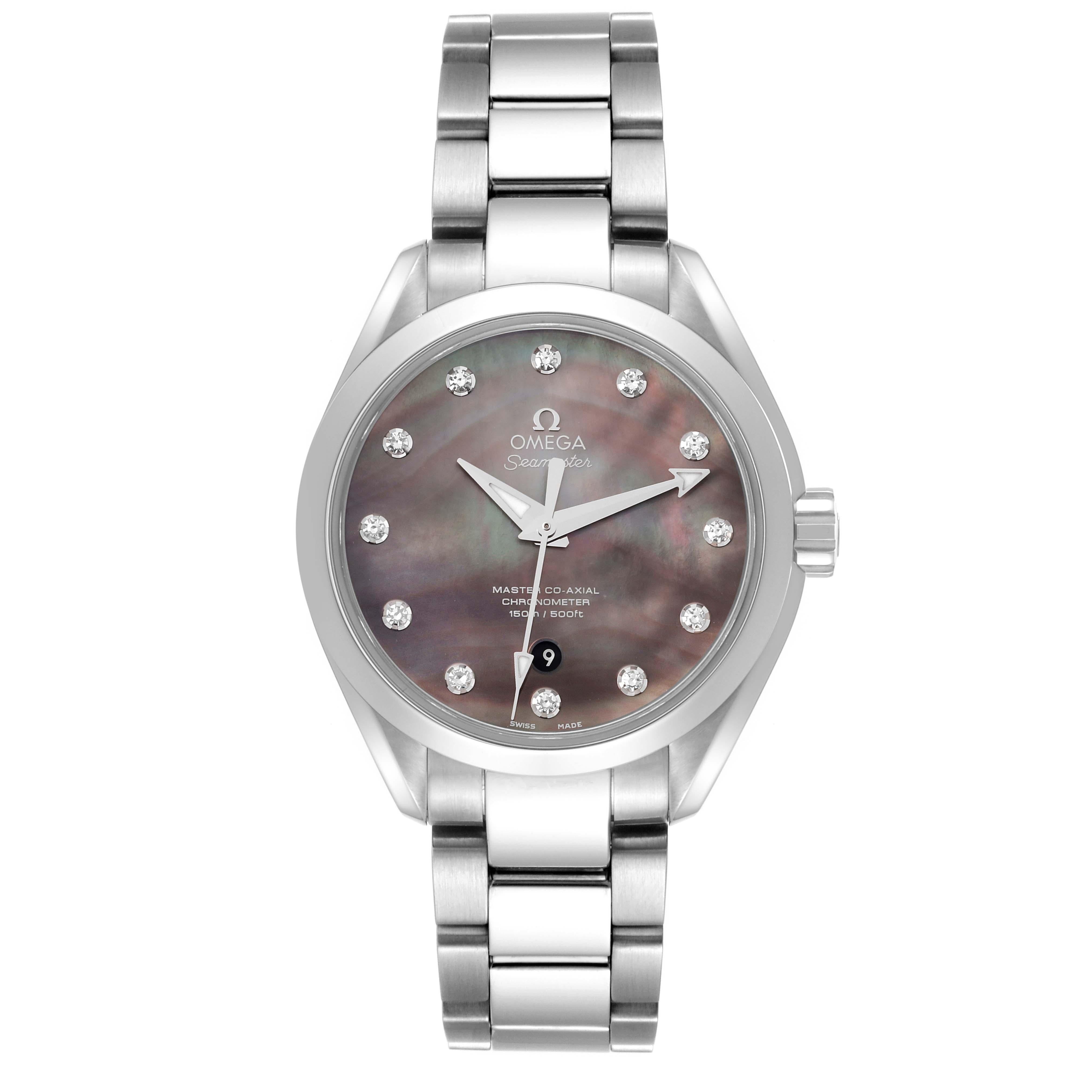 Omega Aqua Terra 34 MOP Diamond Ladies Watch 231.10.34.20.57.001 Unworn. Automatic self-winding movement. . Stainless steel round case 34 mm in diameter. Exhibition transparent sapphire crystal case back. Stainless steel smooth bezel. Scratch