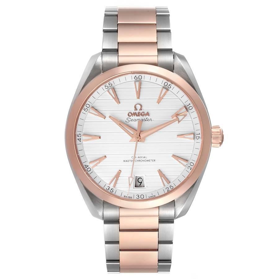 Omega Aqua Terra 41 Steel Rose Gold Mens Watch 220.20.41.21.02.001 Box Card. Automatic self-winding movement. Stainless steel and 18k rose gold case 41 mm in diameter. 18k rose gold crown signed with the Omega logo. Exhibition sapphire case back.