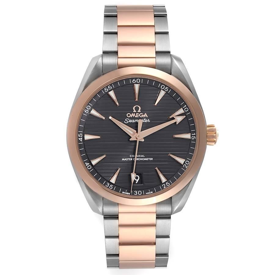 Omega Aqua Terra 41 Steel Rose Gold Mens Watch 220.20.41.21.06.001 Box Card. Automatic self-winding movement. Stainless steel and 18k rose gold case 41 mm in diameter. 18k rose gold crown signed with the Omega logo. Exhibition sapphire case back.