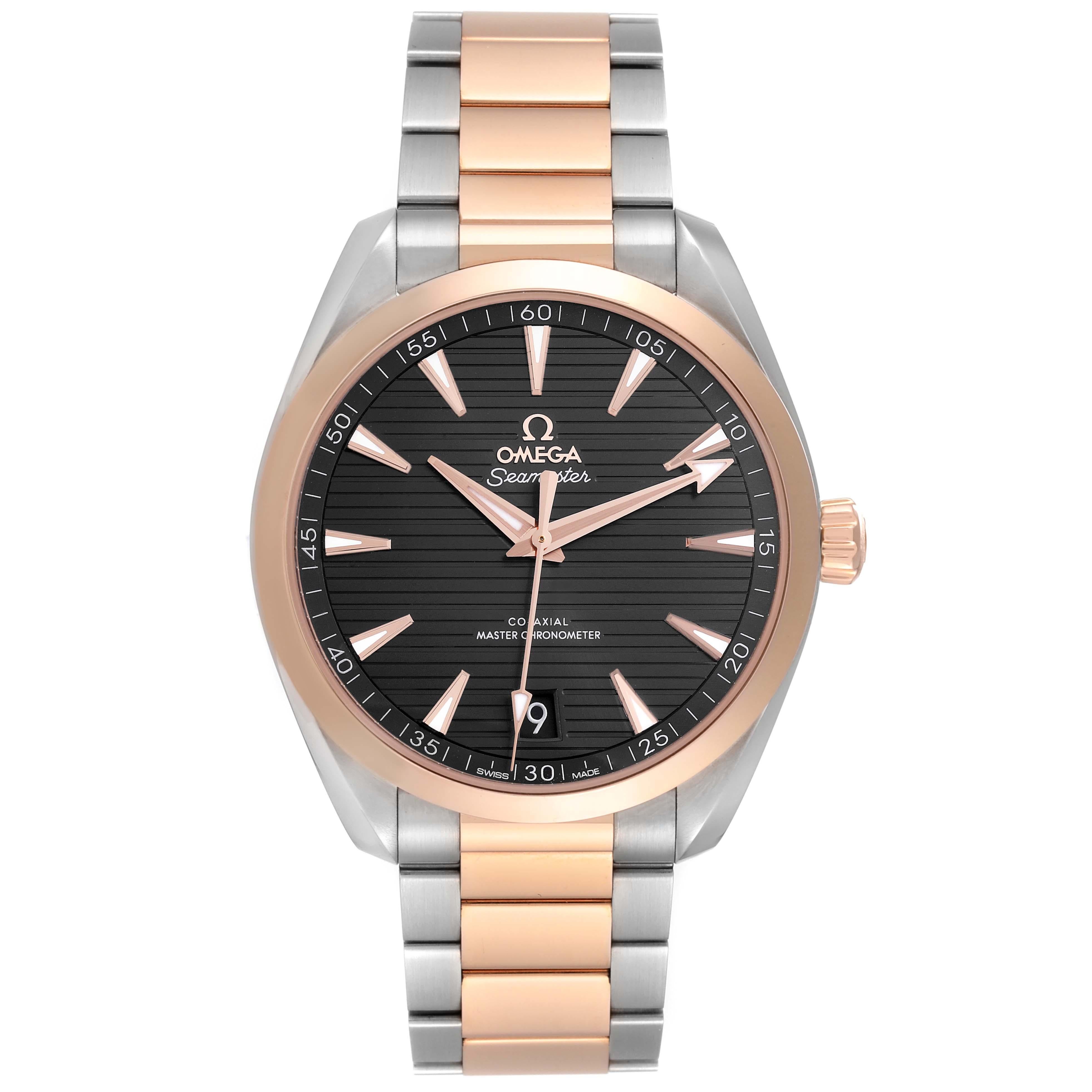 Omega Aqua Terra 41 Steel Rose Gold Mens Watch 220.20.41.21.06.001 Box Card. Automatic self-winding movement. Stainless steel and 18k rose gold case 41 mm in diameter. 18k rose gold crown signed with the Omega logo. Exhibition transparent sapphire