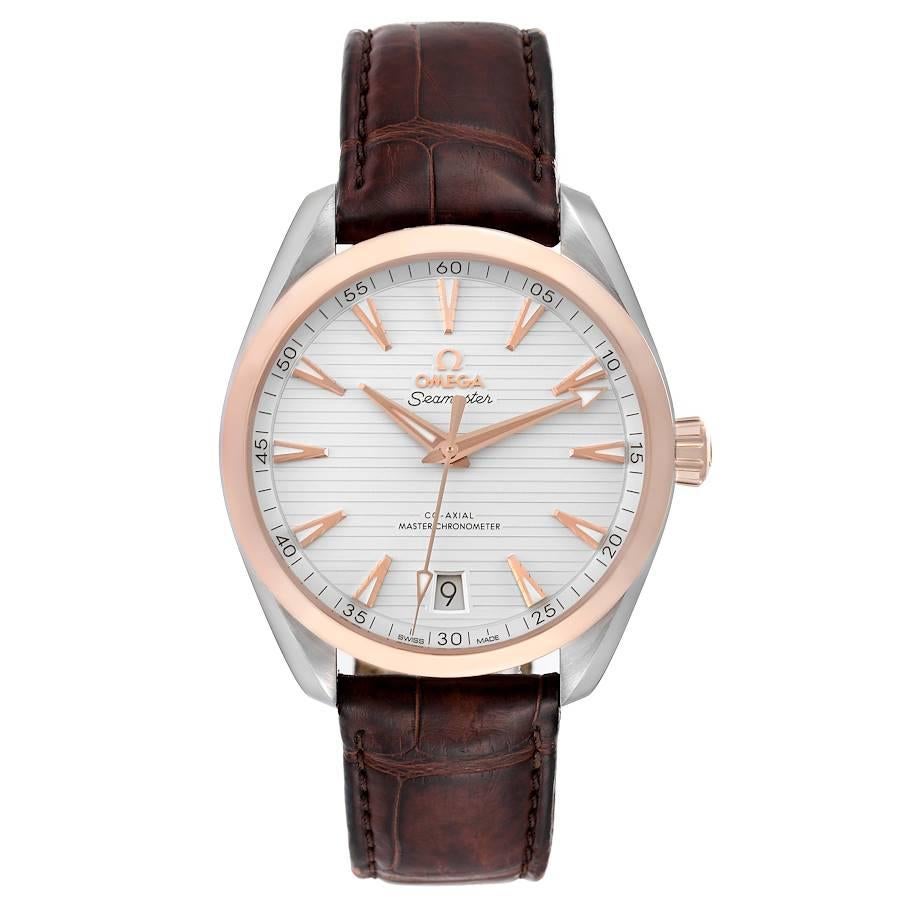 Omega Aqua Terra 41 Steel Rose Gold Mens Watch 220.23.41.21.02.001 Box Card. Automatic self-winding movement. Stainless steel and 18k rose gold case 41 mm in diameter. 18k rose gold crown signed with the Omega logo. Exhibition sapphire case back.