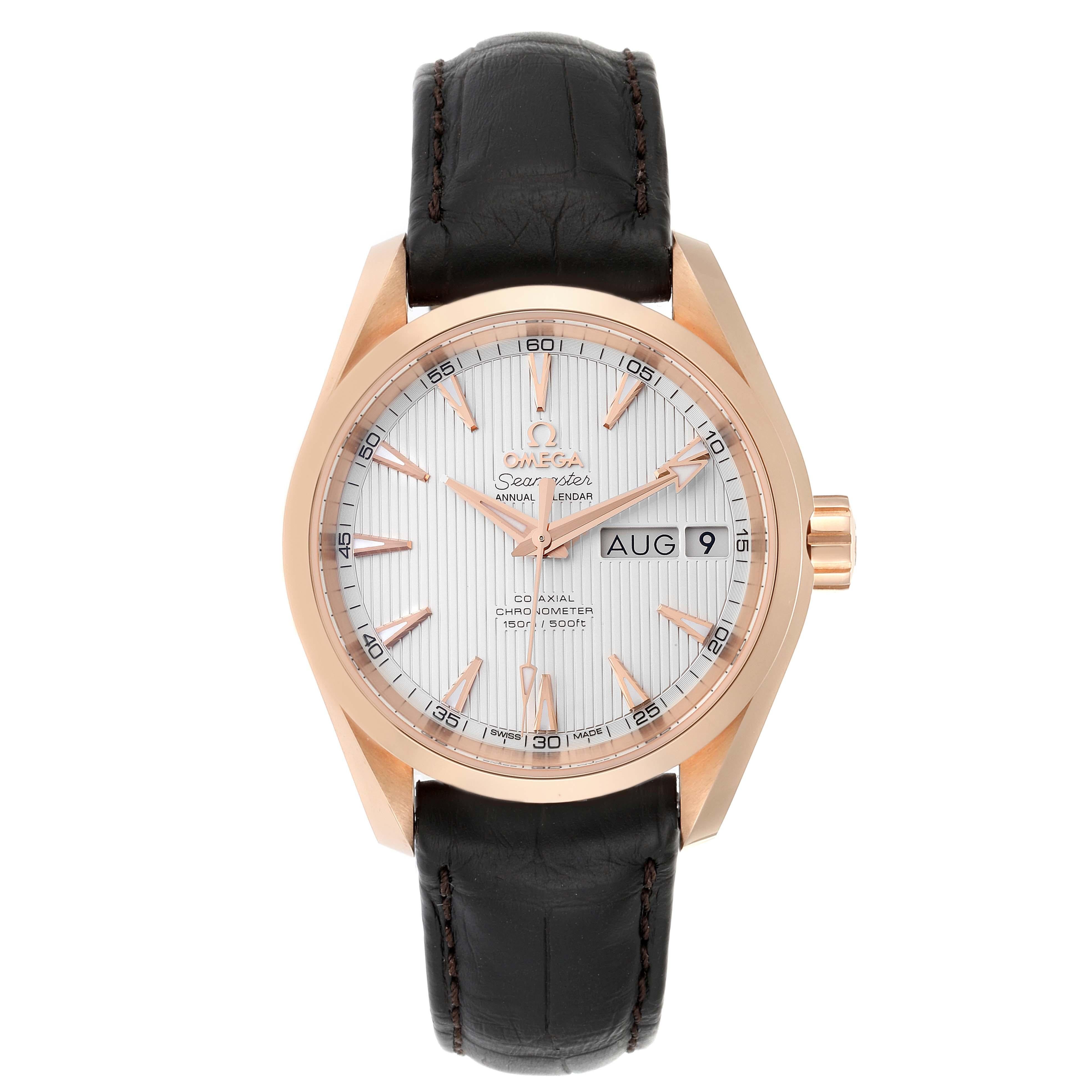 Omega Aqua Terra Annual Calendar Rose Gold Watch 231.53.39.22.02.001 Unworn. Automatic Self-winding movement with Co-Axial escapement. Annual calendar with instantaneous jump. Silicon balance-spring on free sprung-balance, 2 barrels mounted in