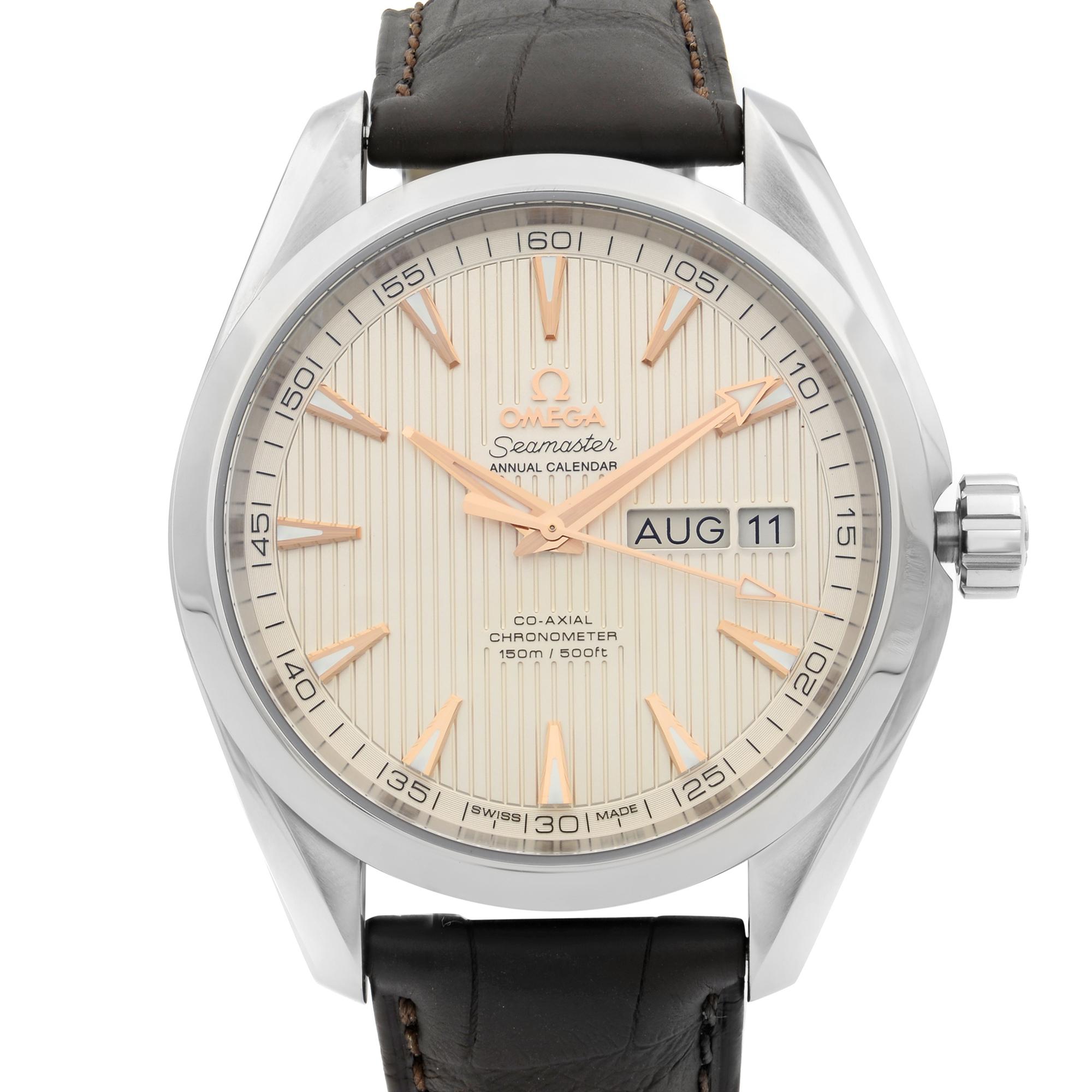 This brand new Omega Seamaster 231.13.43.22.02.003 is a beautiful men's timepiece that is powered by mechanical (automatic) movement which is cased in a stainless steel case. It has a round shape face, annual calendar dial and has hand sticks style