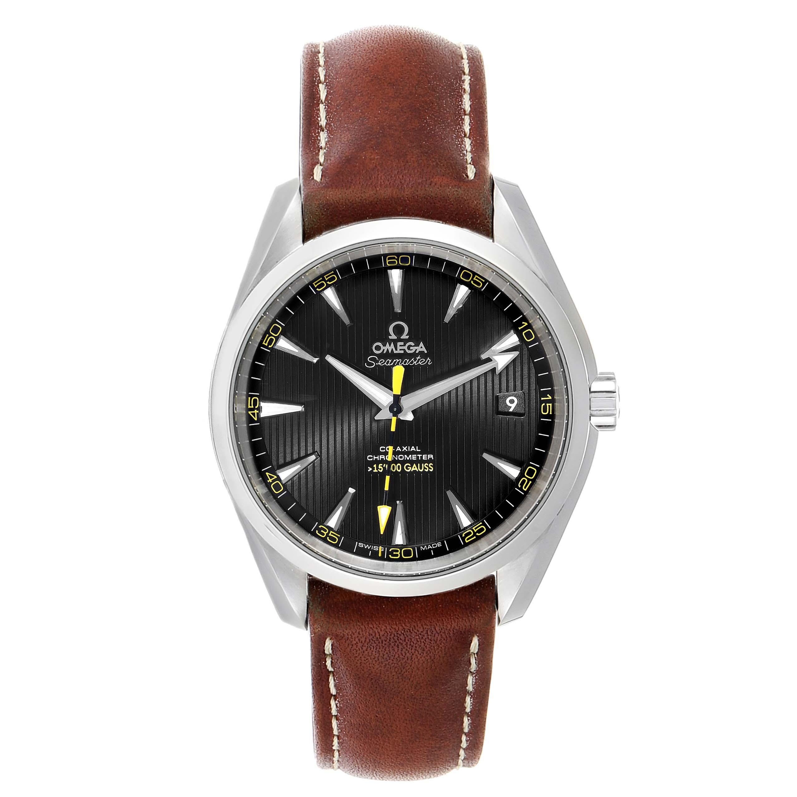 Omega Aqua Terra Co-Axial 5000 Gauss Yellow Hand Watch 231.12.42.21.01.001. Anti-magnetic, Automatic self-winding Co-Axial movement. Free sprung-balance, 2 barrels mounted in series, automatic winding in both directions. Blackened screws, barrels