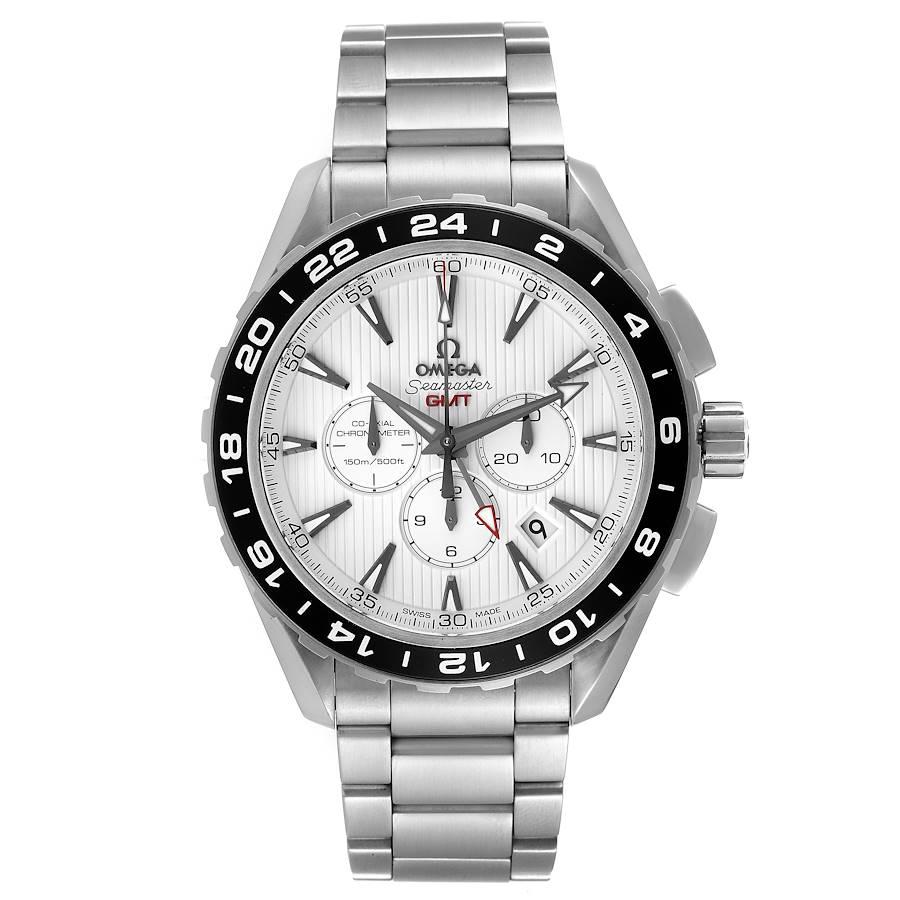 Omega Aqua Terra GMT Chronograph Steel Mens Watch 231.10.44.52.04.001 Box Card. Movimento automatico a carica automatica con funzioni GMT e cronografo. Cassa rotonda in acciaio inossidabile di 44 mm di diametro. Fondello trasparente. Lunetta